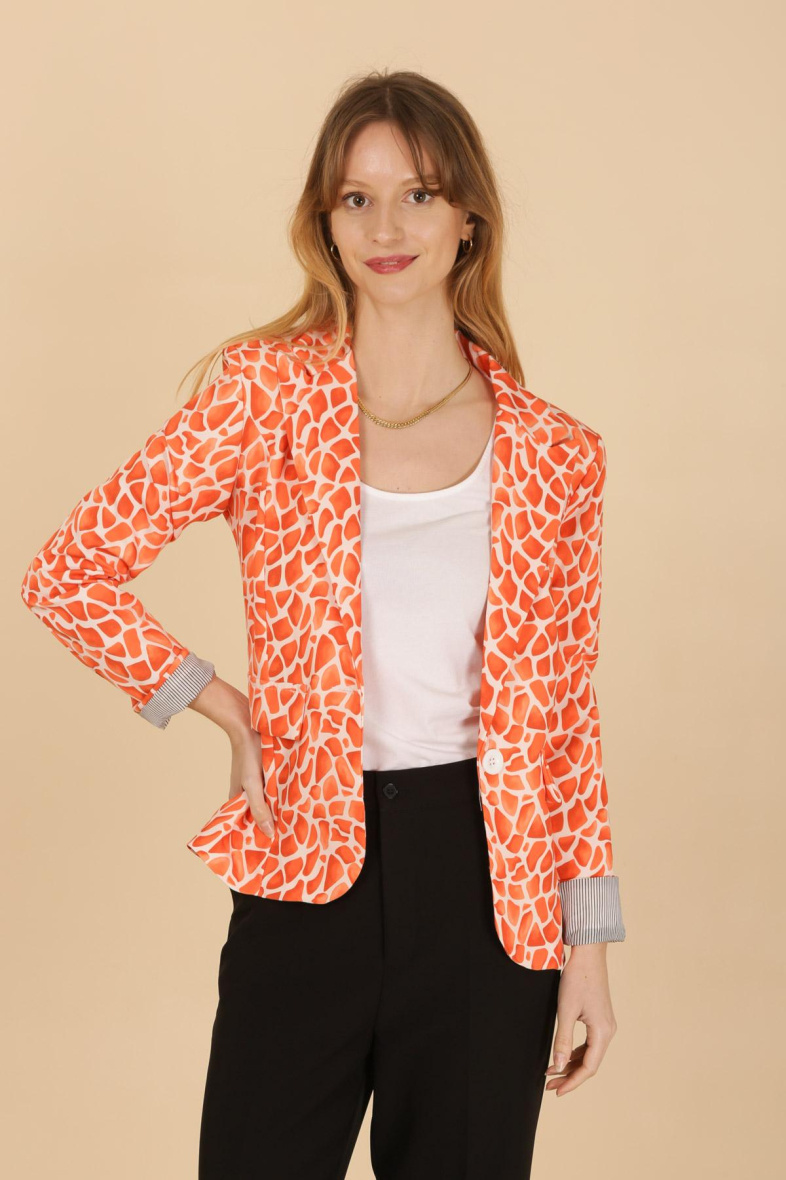 Grossista JOLIFLY - Giacca blazer con stampa floreale e maniche con risvolto a righe