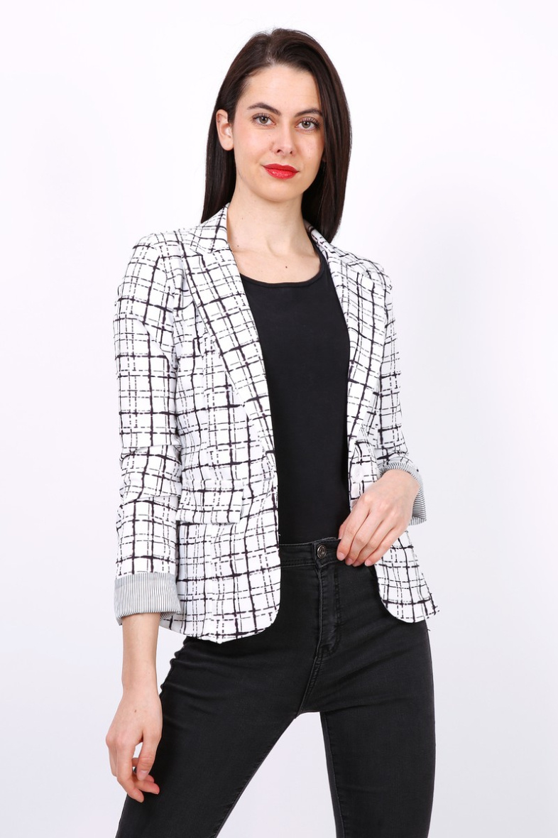 Grossista JOLIFLY - Giacca blazer con stampa floreale e maniche con risvolto a righe
