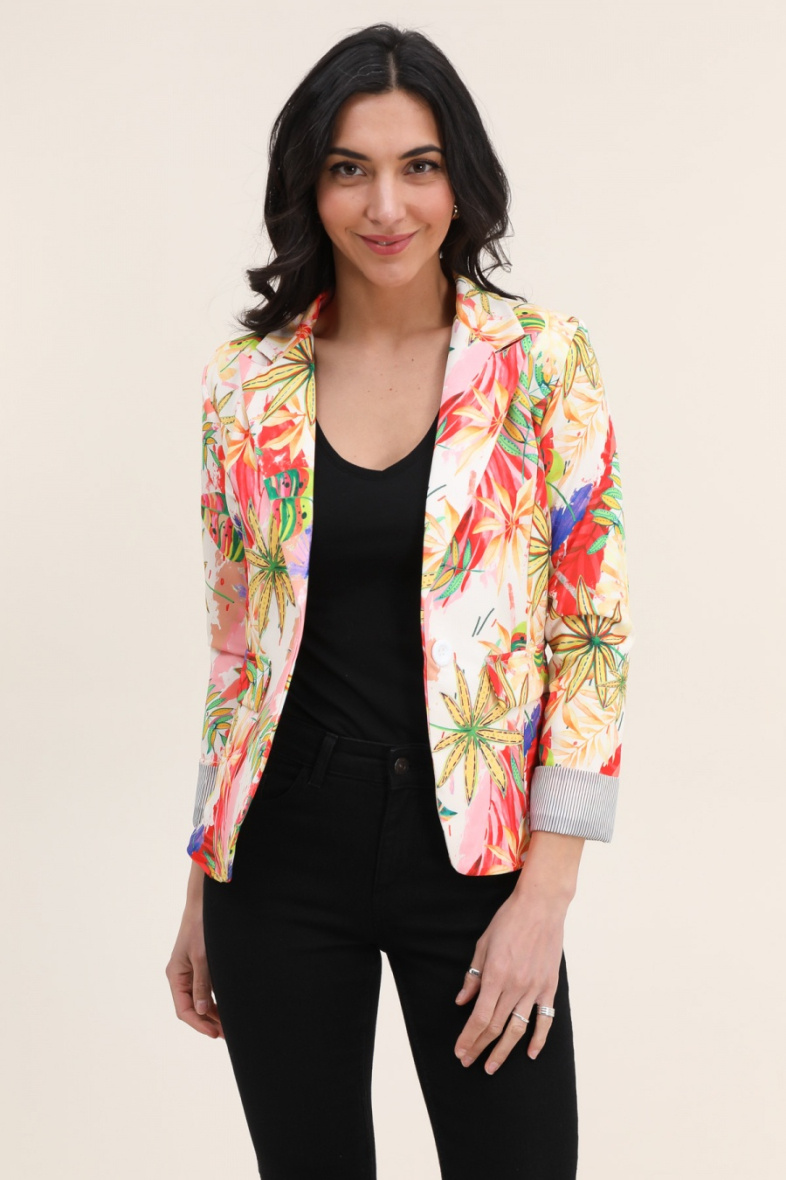 Grossista JOLIFLY - Giacca blazer con stampa floreale e maniche con risvolto a righe