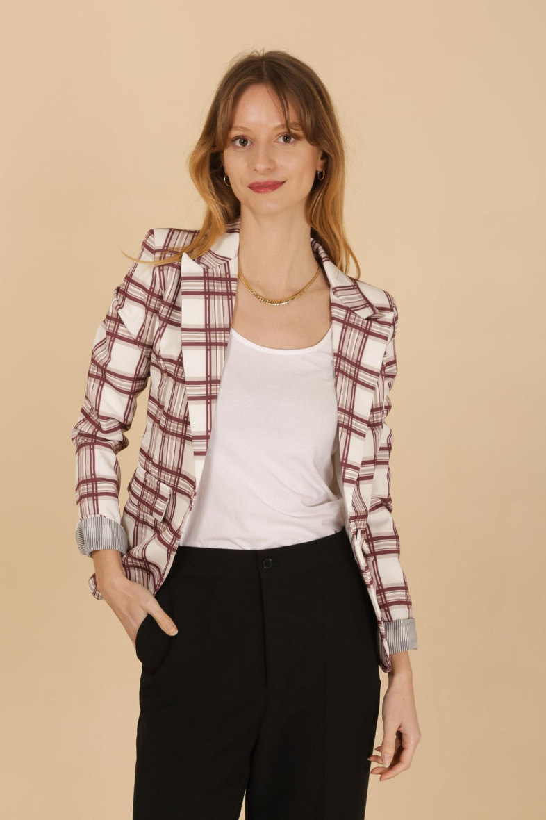 Grossista JOLIFLY - Giacca blazer con stampa floreale e maniche con risvolto a righe