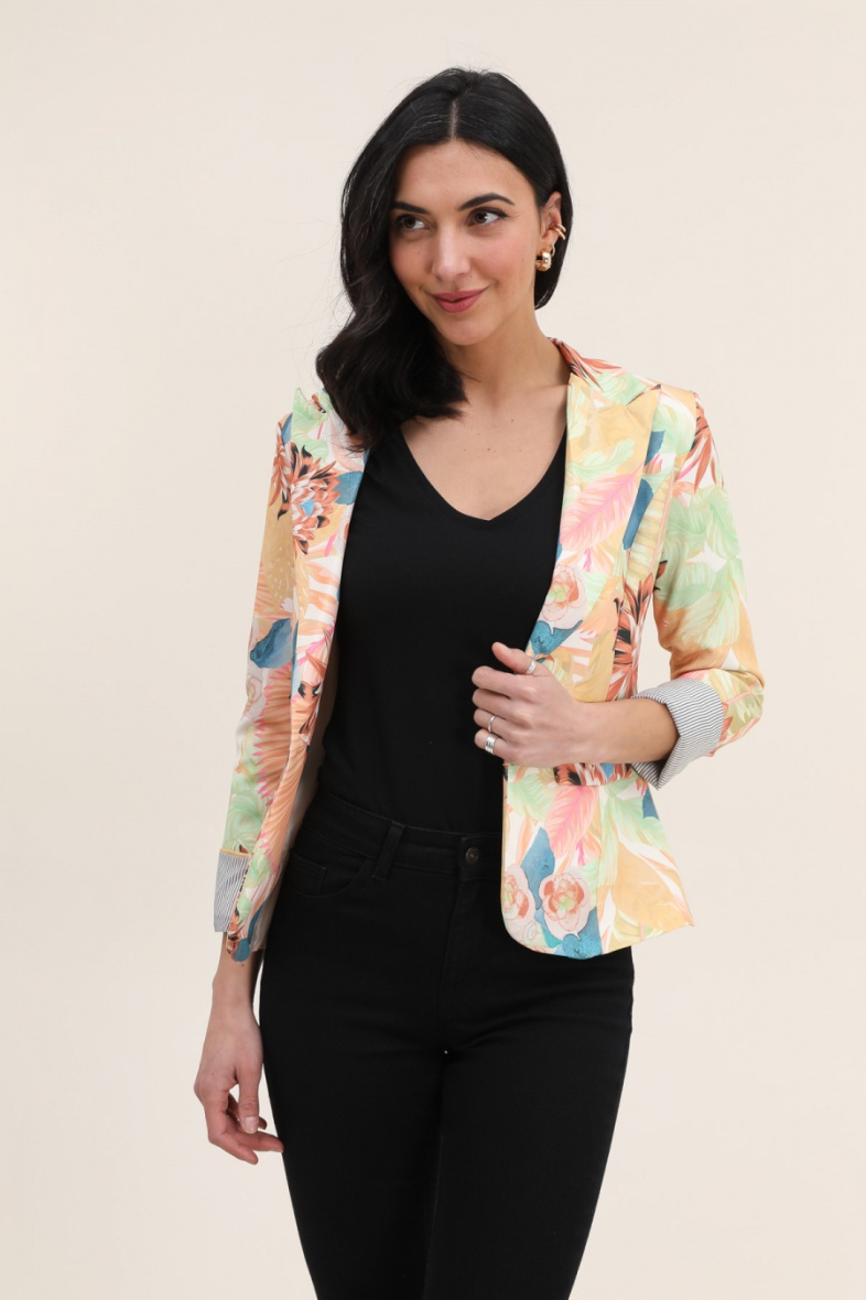 Grossista JOLIFLY - Giacca blazer con stampa floreale e maniche con risvolto a righe