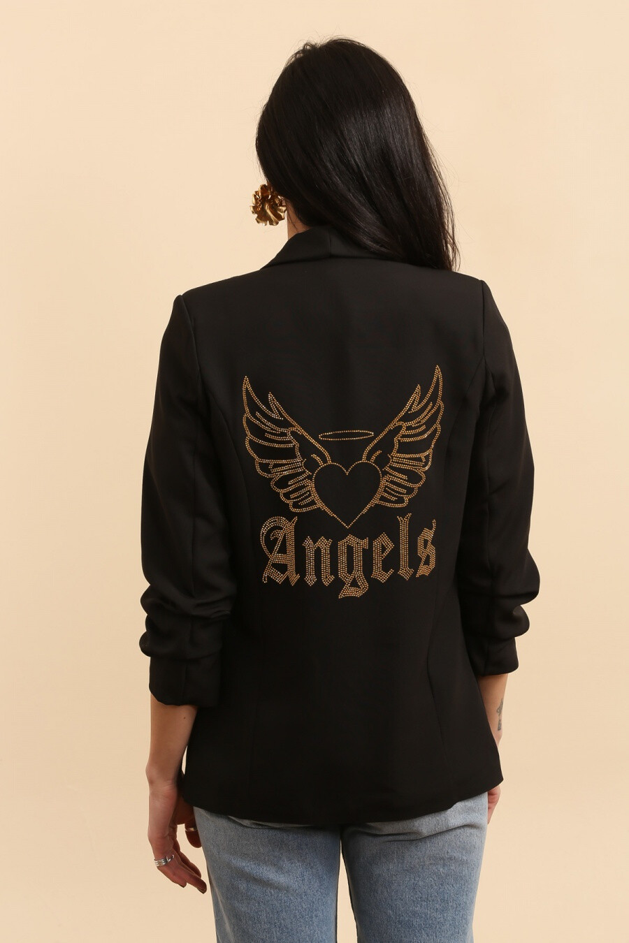 Grossiste JOLIFLY - veste col chale , manche 3/4 , strass dans le dos