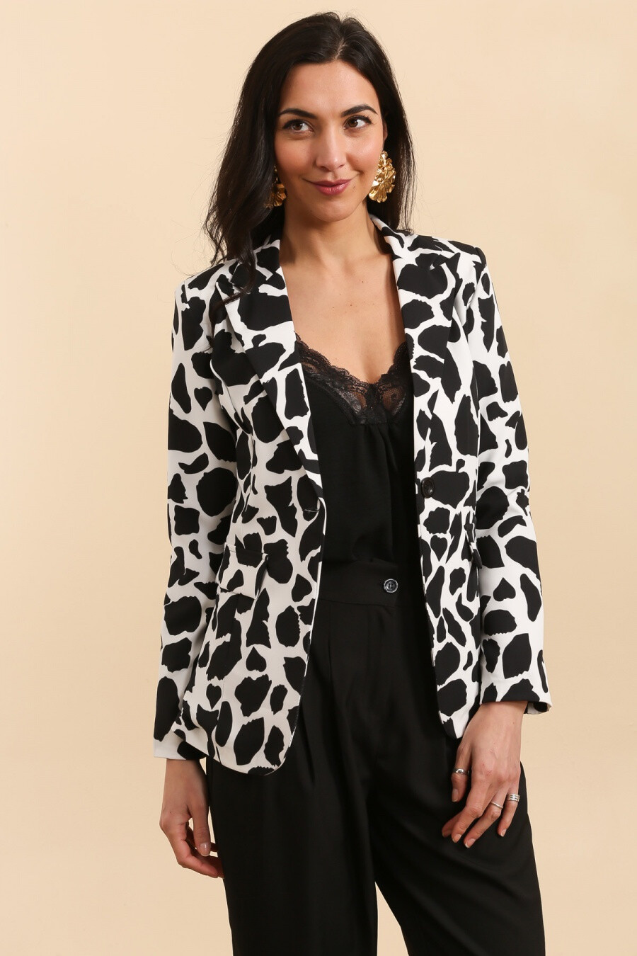 Grossista JOLIFLY - Giacca blazer con stampa floreale e maniche con risvolto a righe
