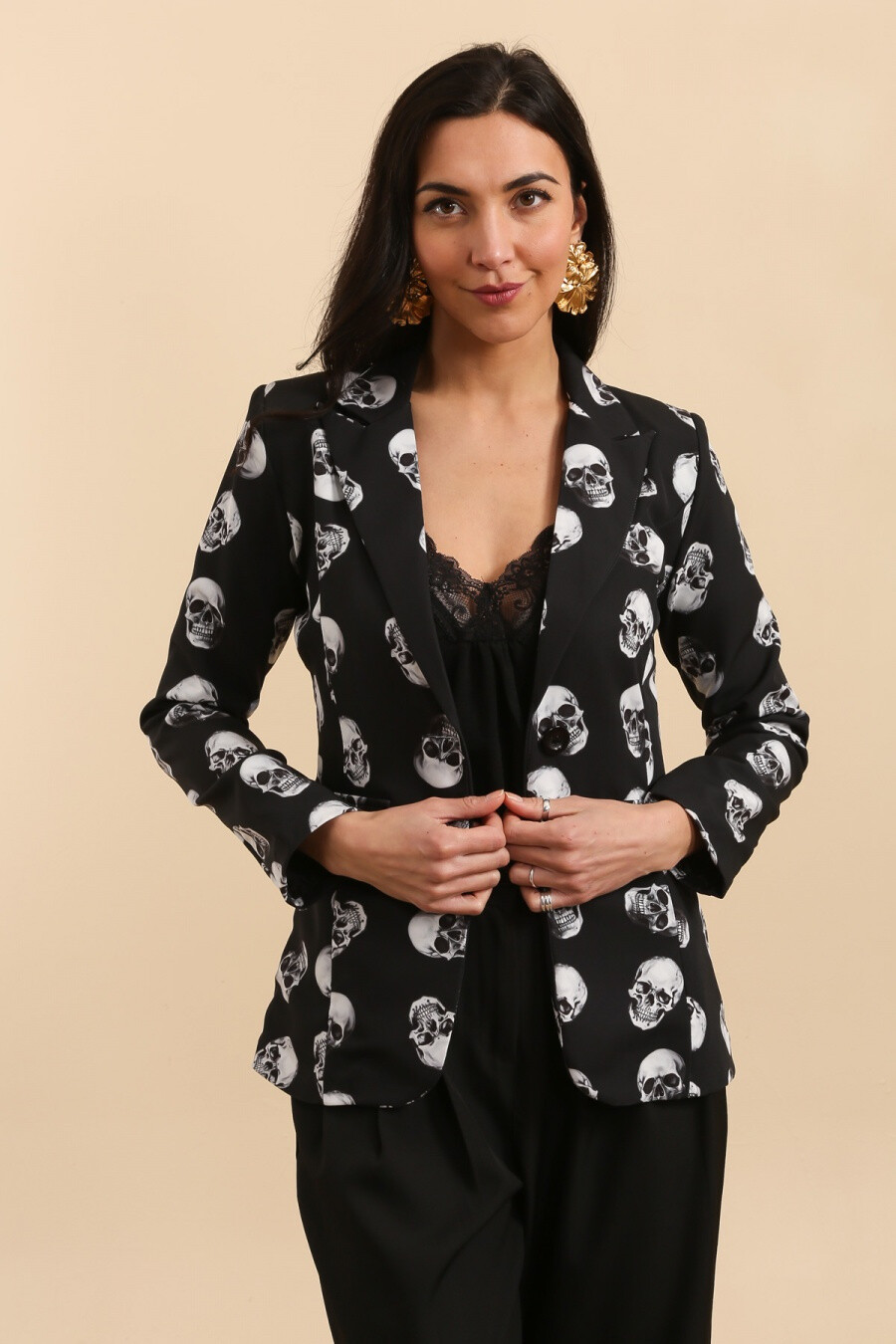 Grossista JOLIFLY - Giacca blazer con stampa floreale e maniche con risvolto a righe
