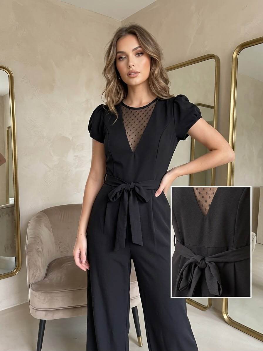 Grossiste JOLIFLY - Combinaison Pantalon Noire Élégante avec Tulle Plumetis