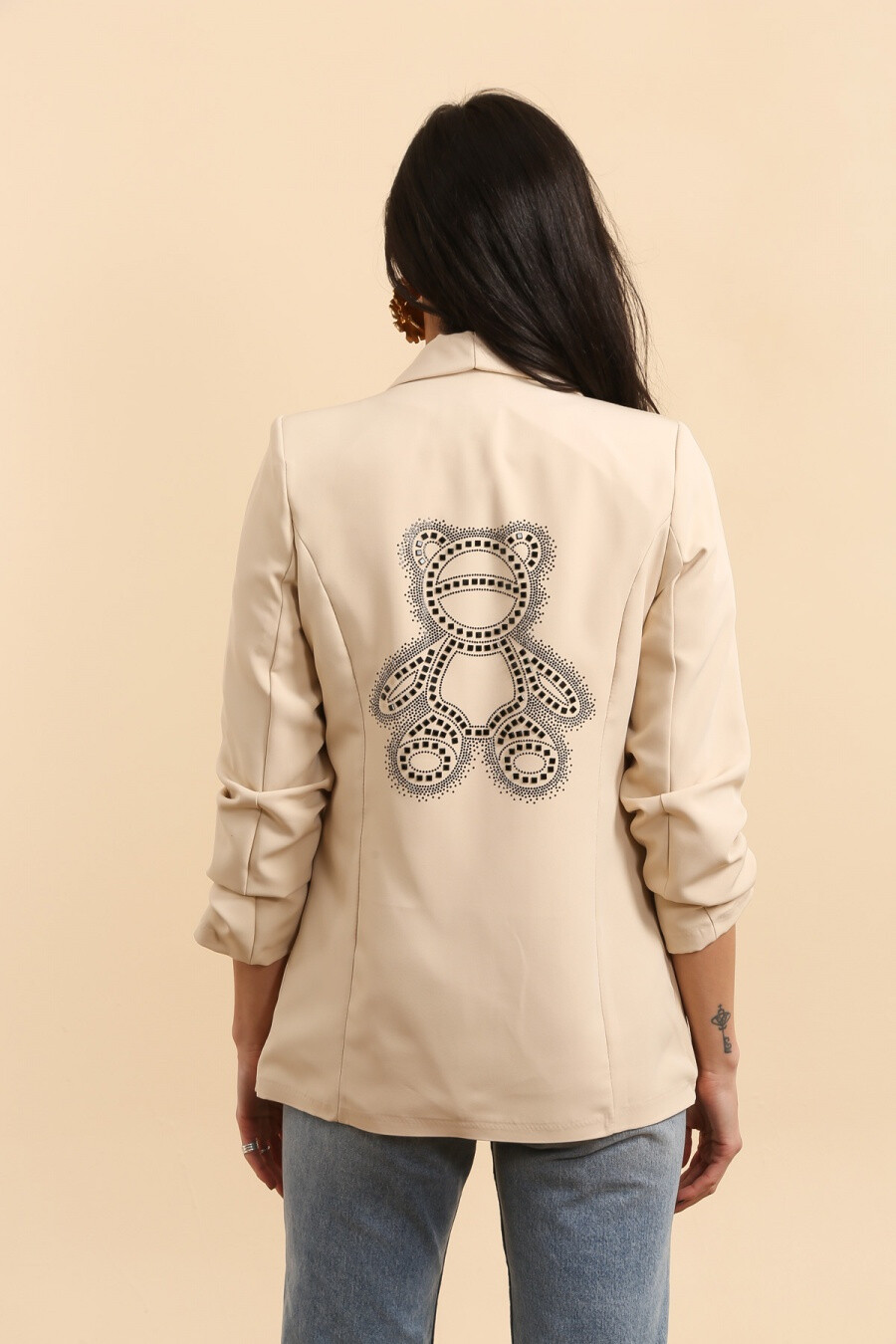 Wholesaler JOLIFLY - Chale collar jacket, 3/4 handle, rhinestones in the back