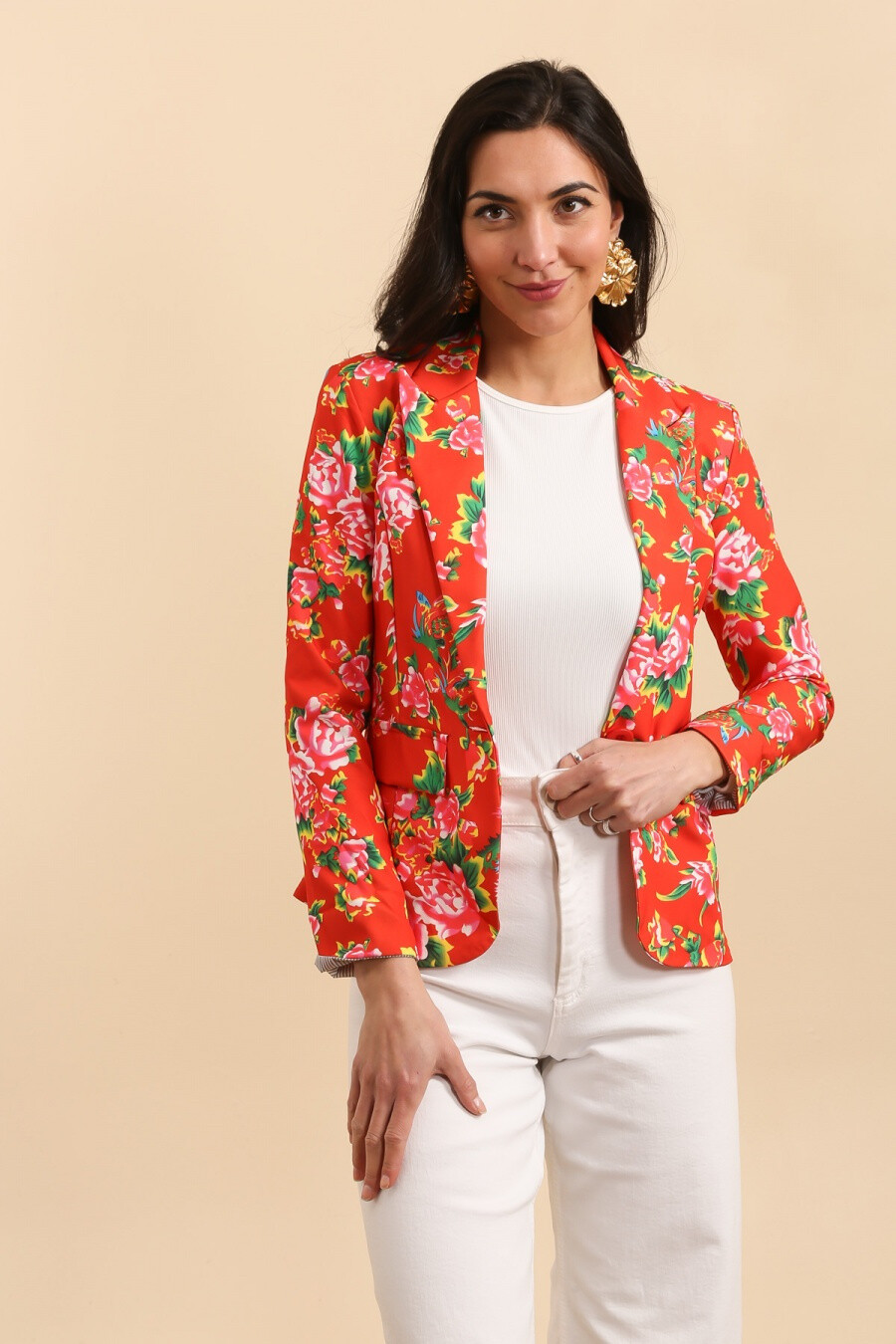 Grossista JOLIFLY - Giacca blazer con stampa floreale e maniche con risvolto a righe