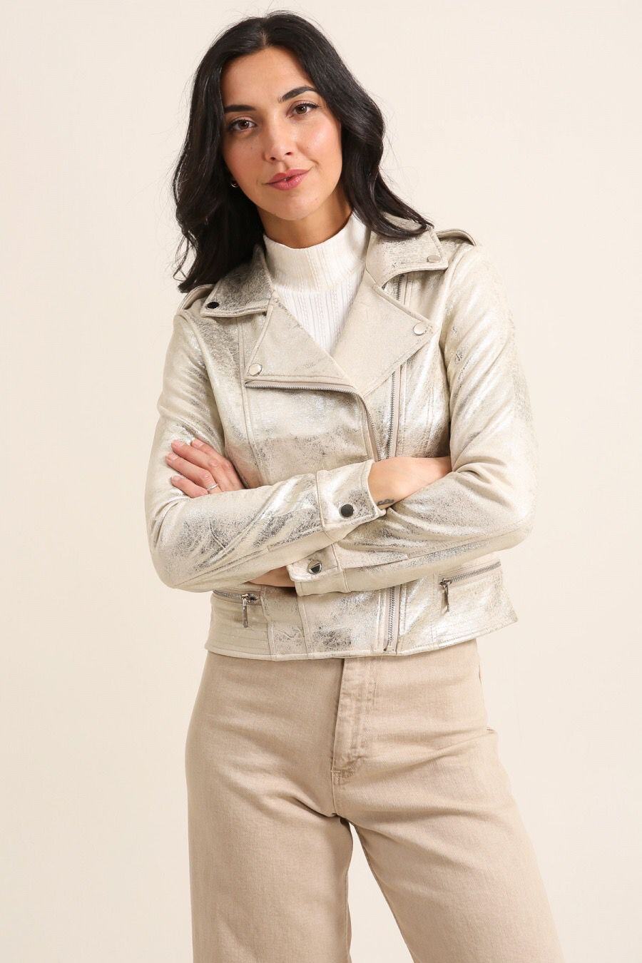 Wholesaler JOLIFLY - Metallic Suede Biker Jacket – Shiny Gold or Silver Finish