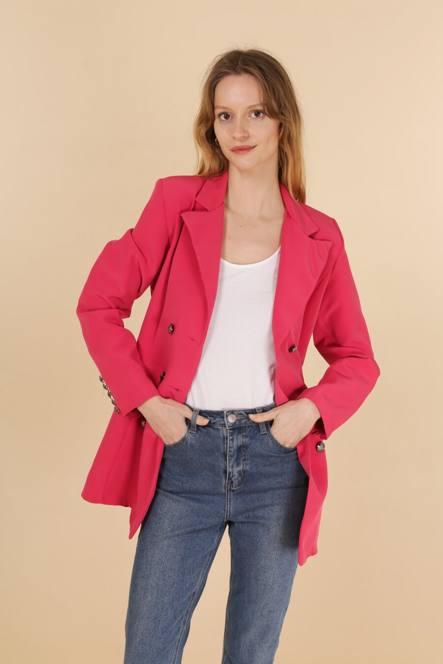 Grossiste JOLIFLY - Veste Blazer en polyester MI-LONGUE avec 6 bouton