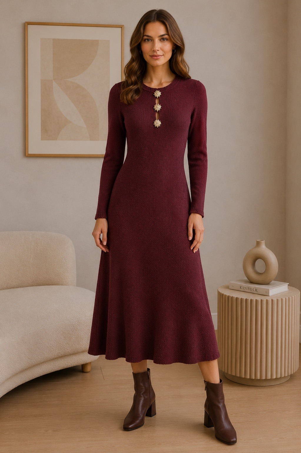 Großhändler Jolio & Co - Langes Strickkleid mit goldenen Knöpfen