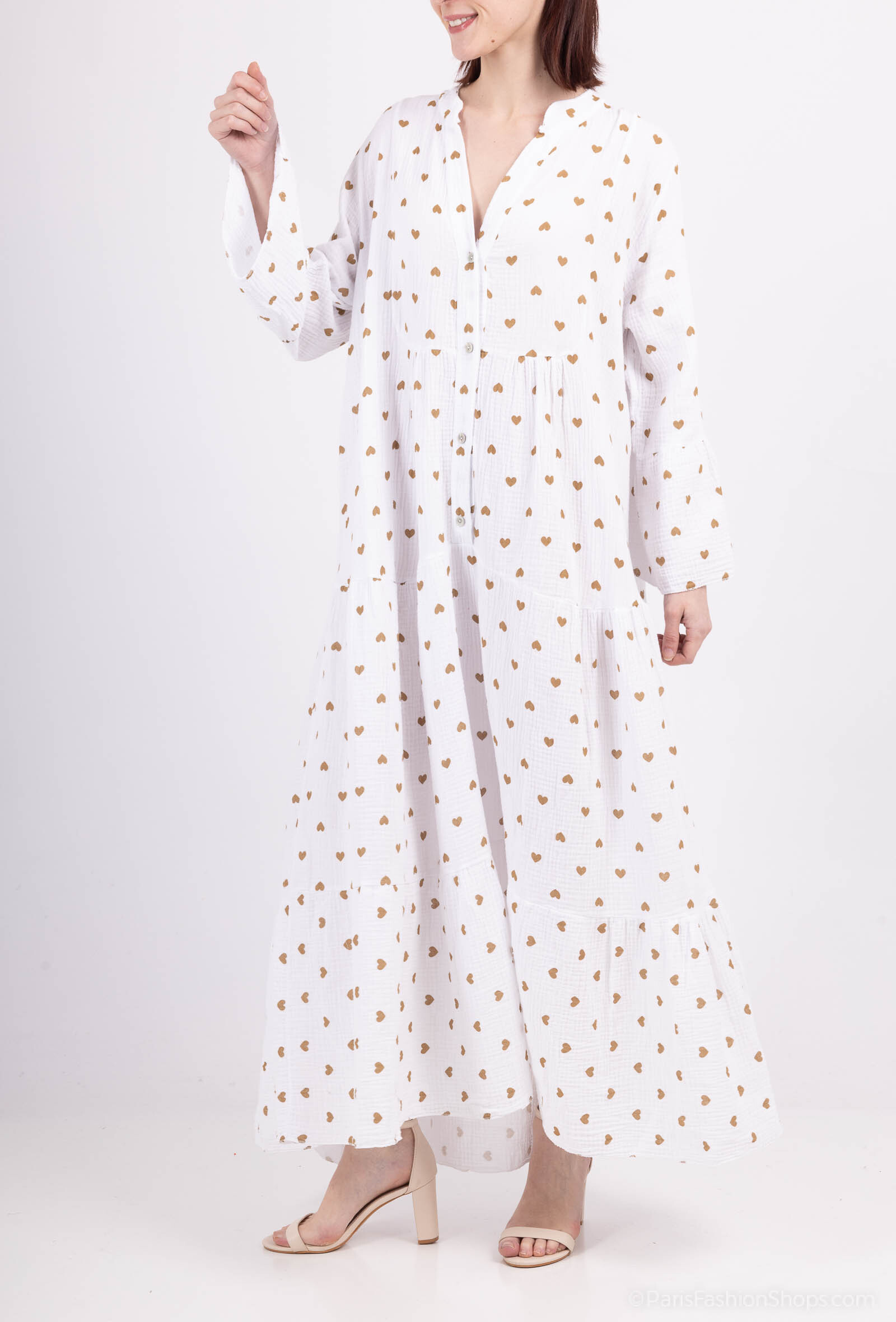 Wholesaler Jöwell - Long cotton gauze dress printed heart