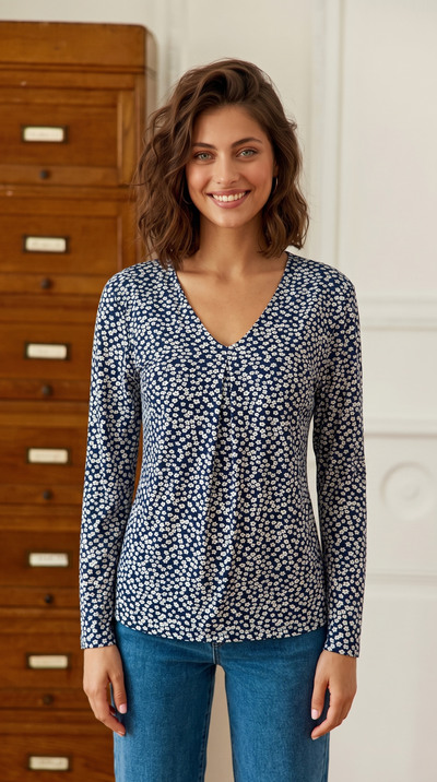 Grossista Joy's - Blusa elasticizzata con stampa Made In France Grossista Joy's - Blusa elasticizzata con stampa Made In France