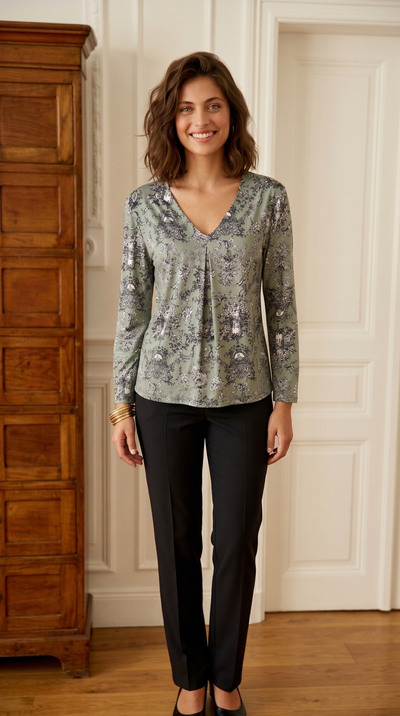 Grossista Joy's - Blusa elasticizzata con stampa Made In France Grossista Joy's - Blusa elasticizzata con stampa Made In France
