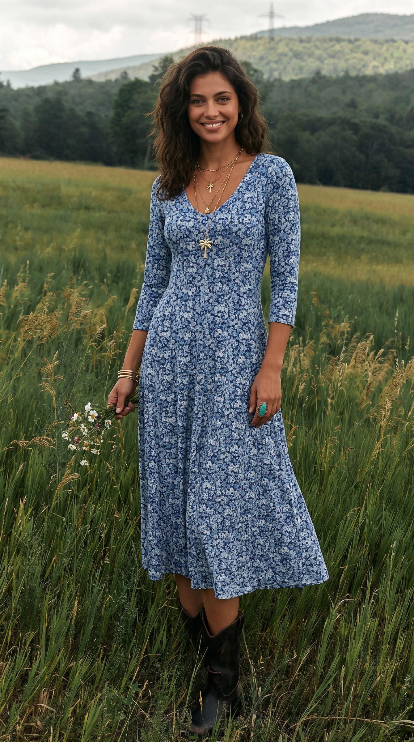 Wholesaler Joy's - Midi dress with V-neck, 3/4 sleeves, printed MADE IN FRANCE