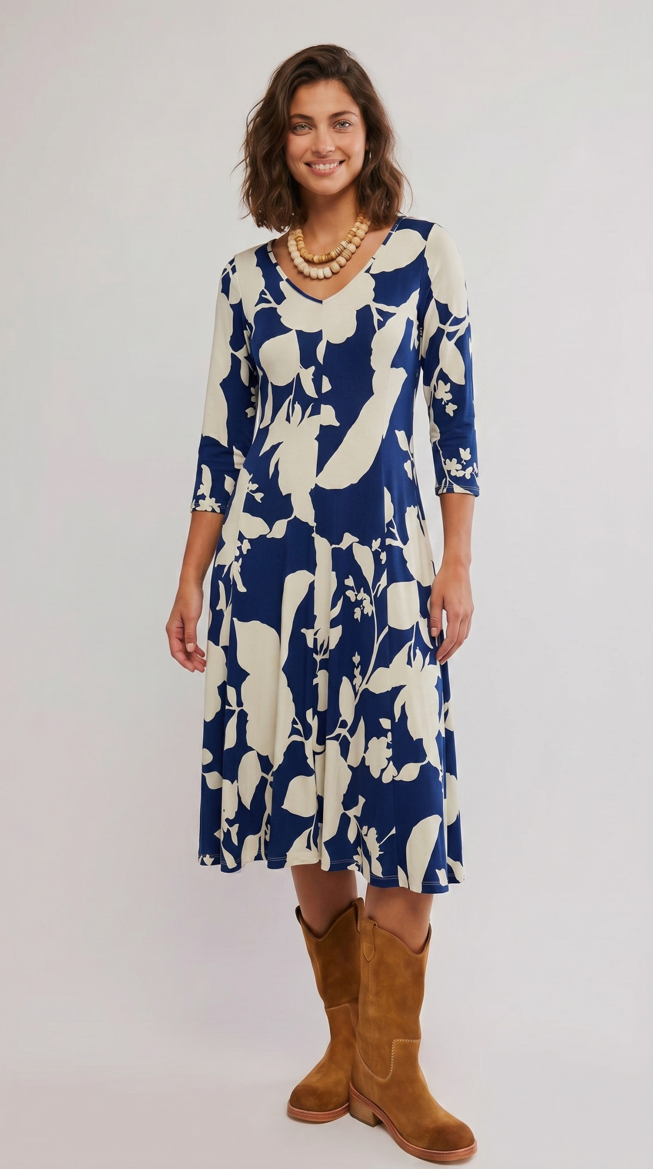 Wholesaler Joy's - Midi dress with V-neck, 3/4 sleeves, printed MADE IN FRANCE
