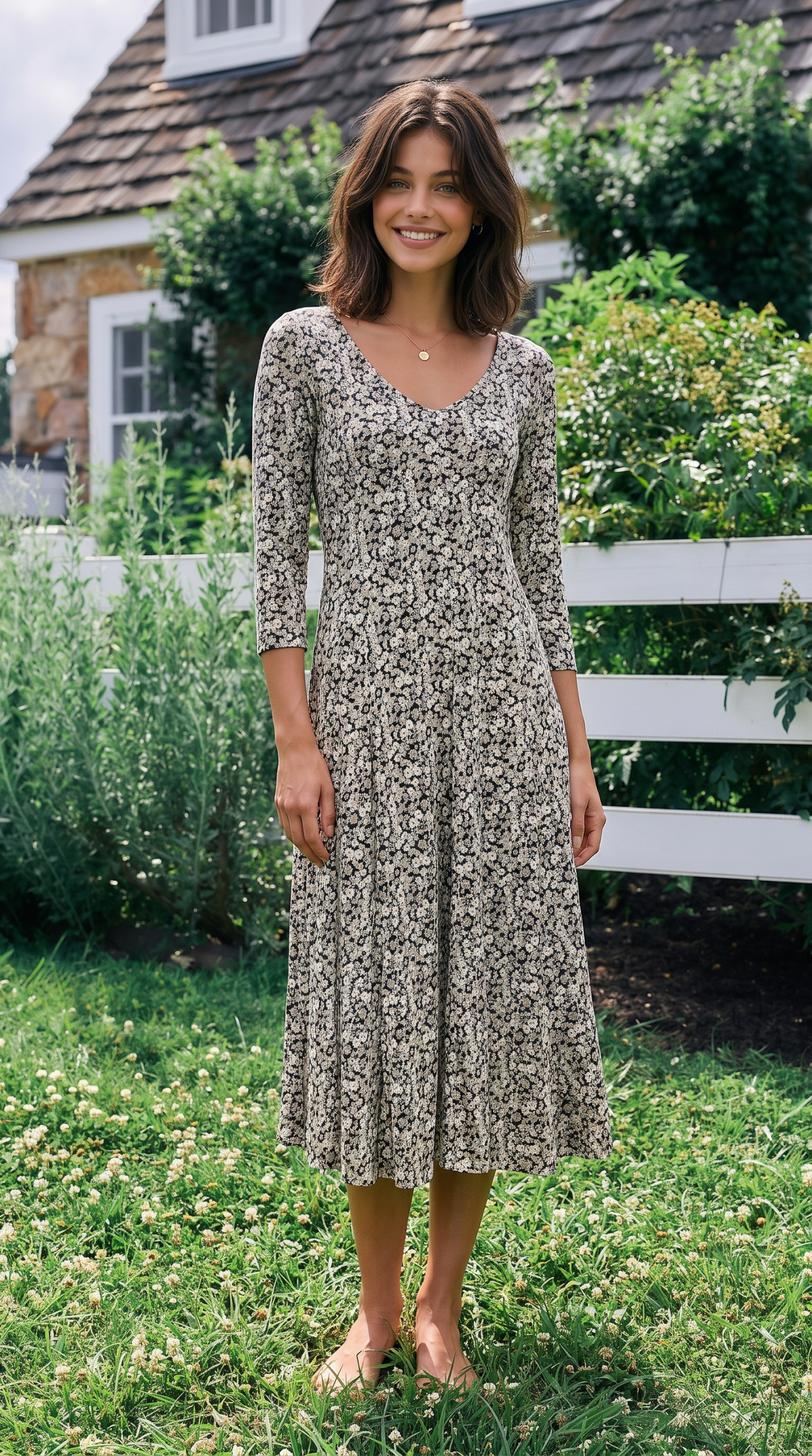 Grossiste Joy's - Robe midi col‑V, manches 3/4, imprimé MADE IN FRANCE