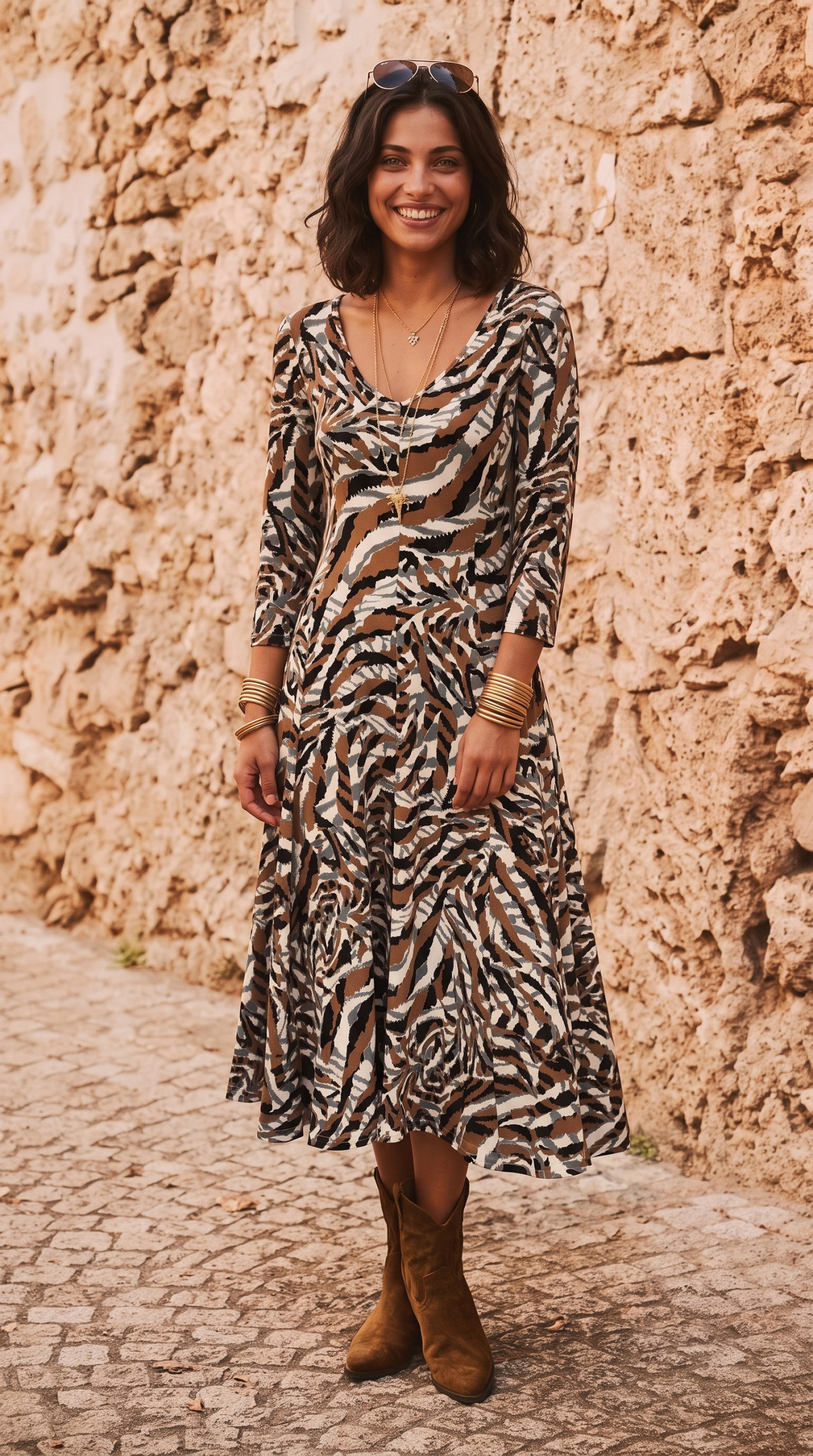 Wholesaler Joy's - V-neck midi dress, 3/4 sleeves, printed MADE IN FRANCE