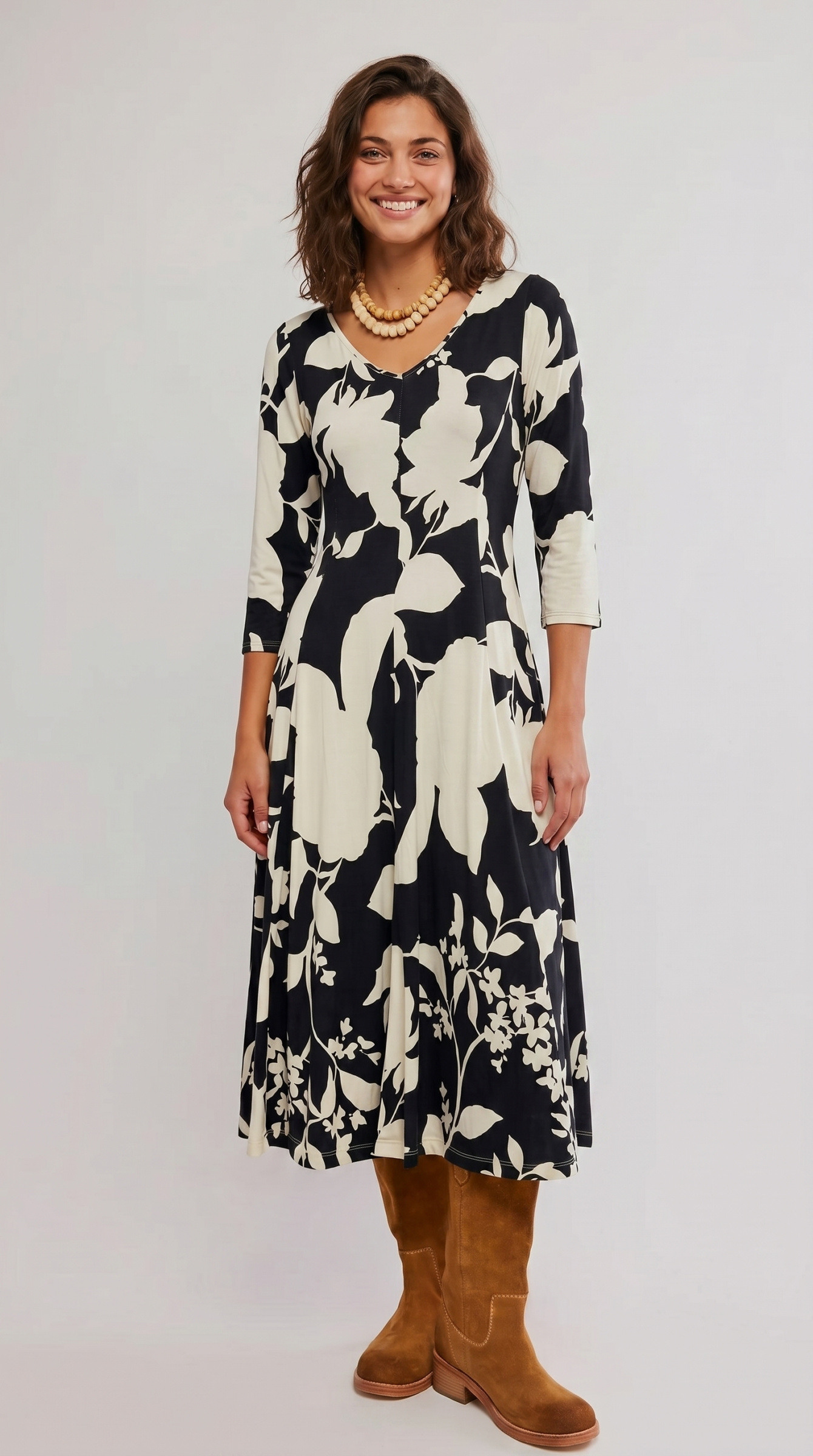 Wholesaler Joy's - V-neck midi dress, 3/4 sleeves, printed MADE IN FRANCE