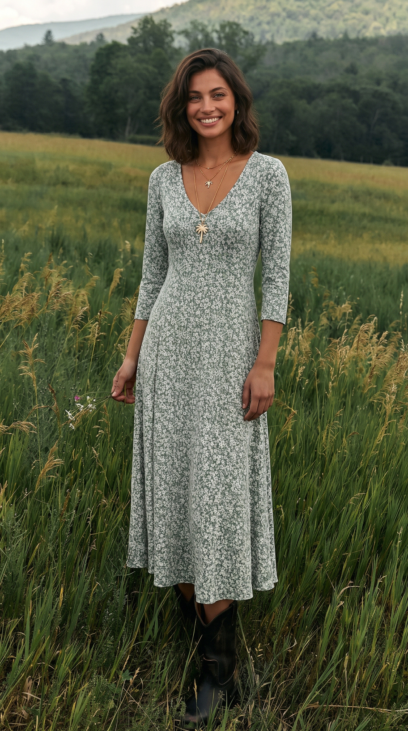 Grossiste Joy's - Robe midi col‑V, manches 3/4, imprimé MADE IN FRANCE