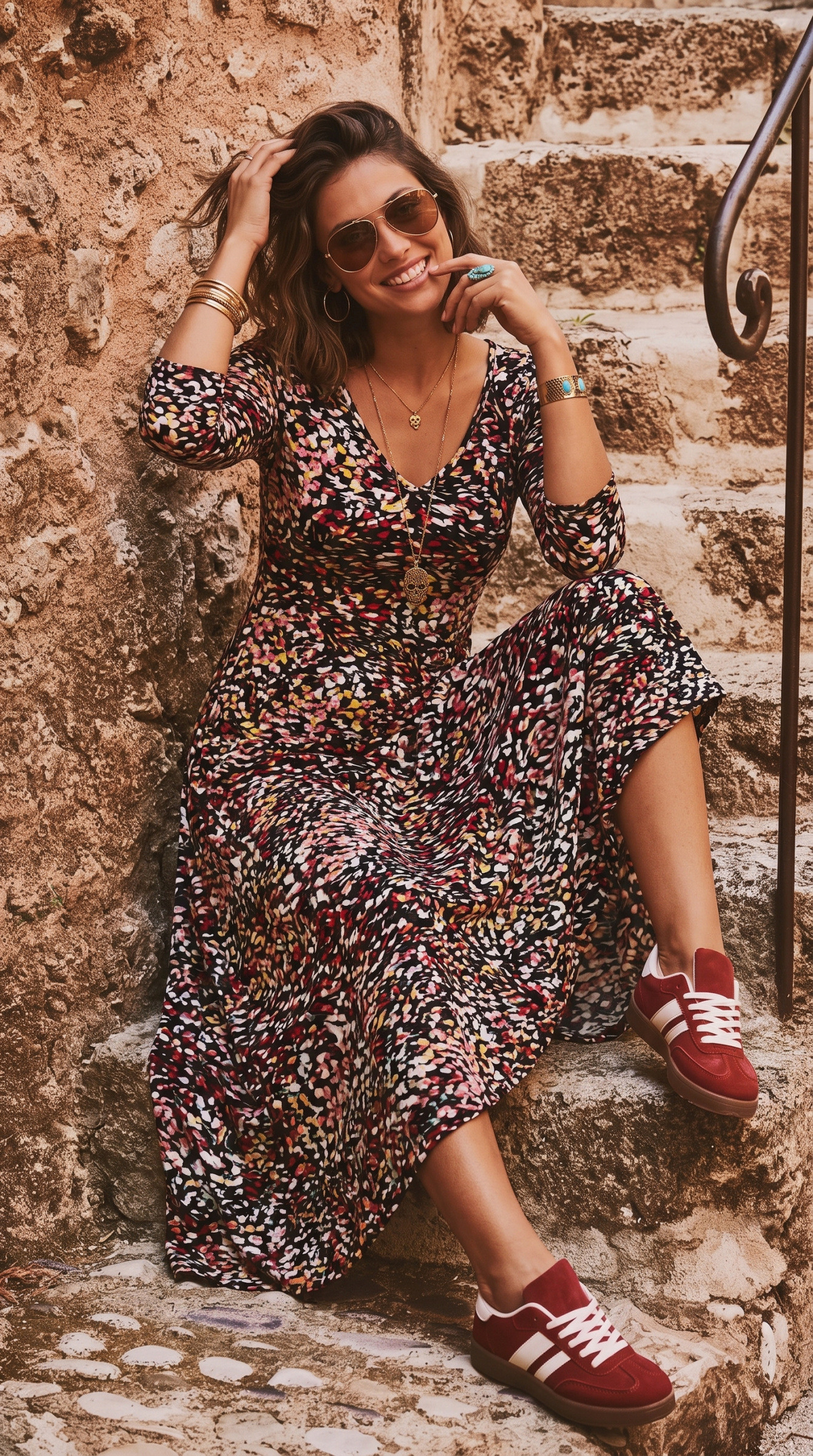 Grossiste Joy's - Robe midi col‑V, manches 3/4, imprimé MADE IN FRANCE
