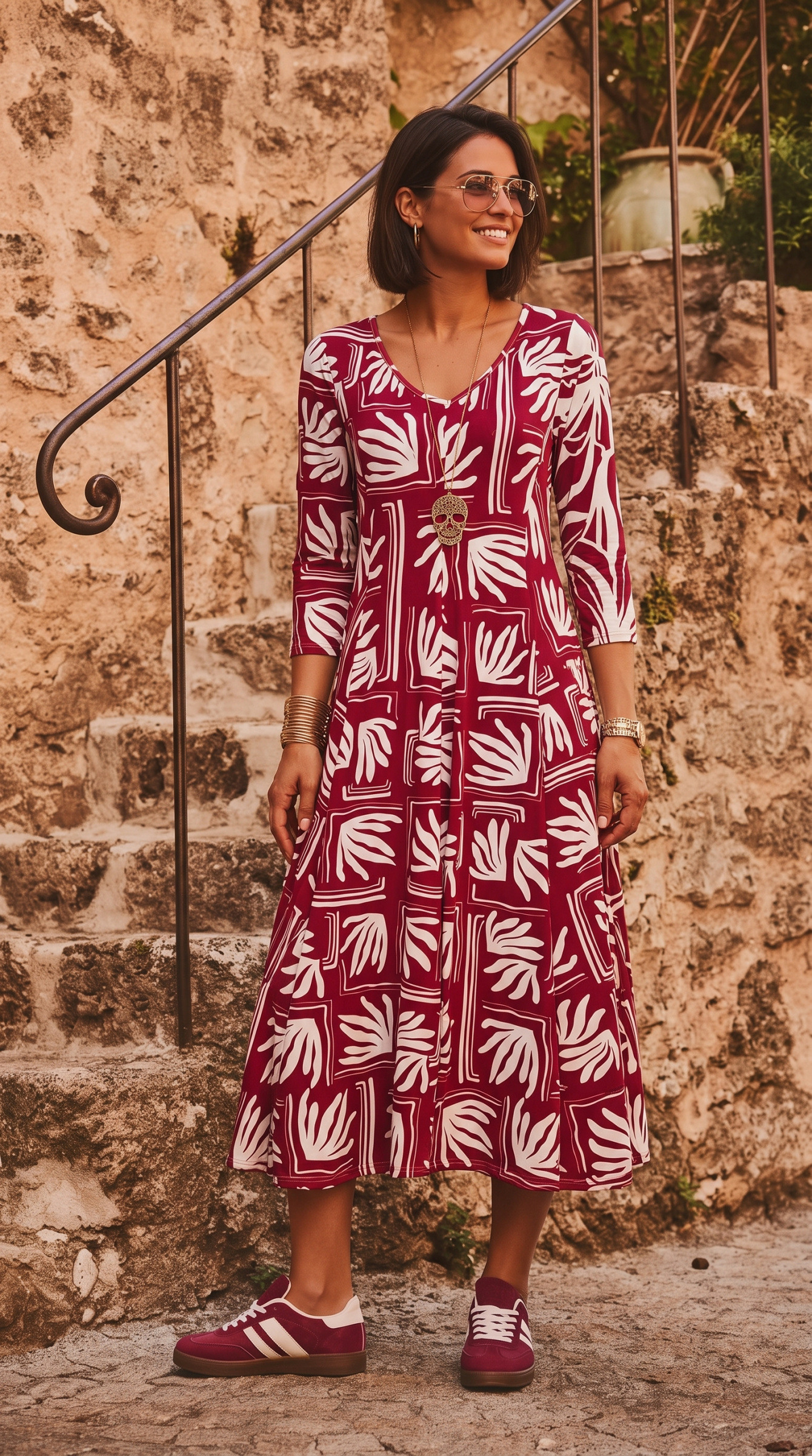 Wholesaler Joy's - V-neck midi dress, 3/4 sleeves, printed MADE IN FRANCE