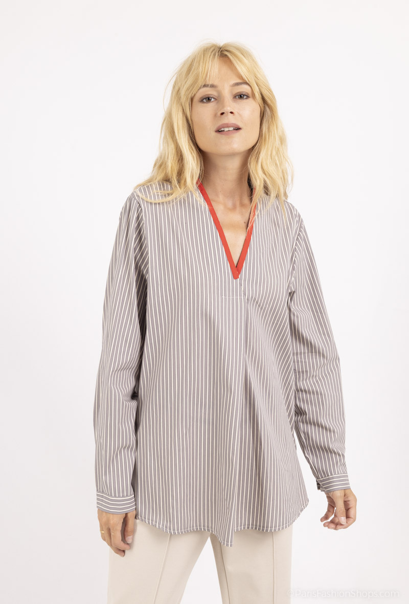 Wholesaler JOYNA - STRIPED V-NECK BLOUSE IN RED