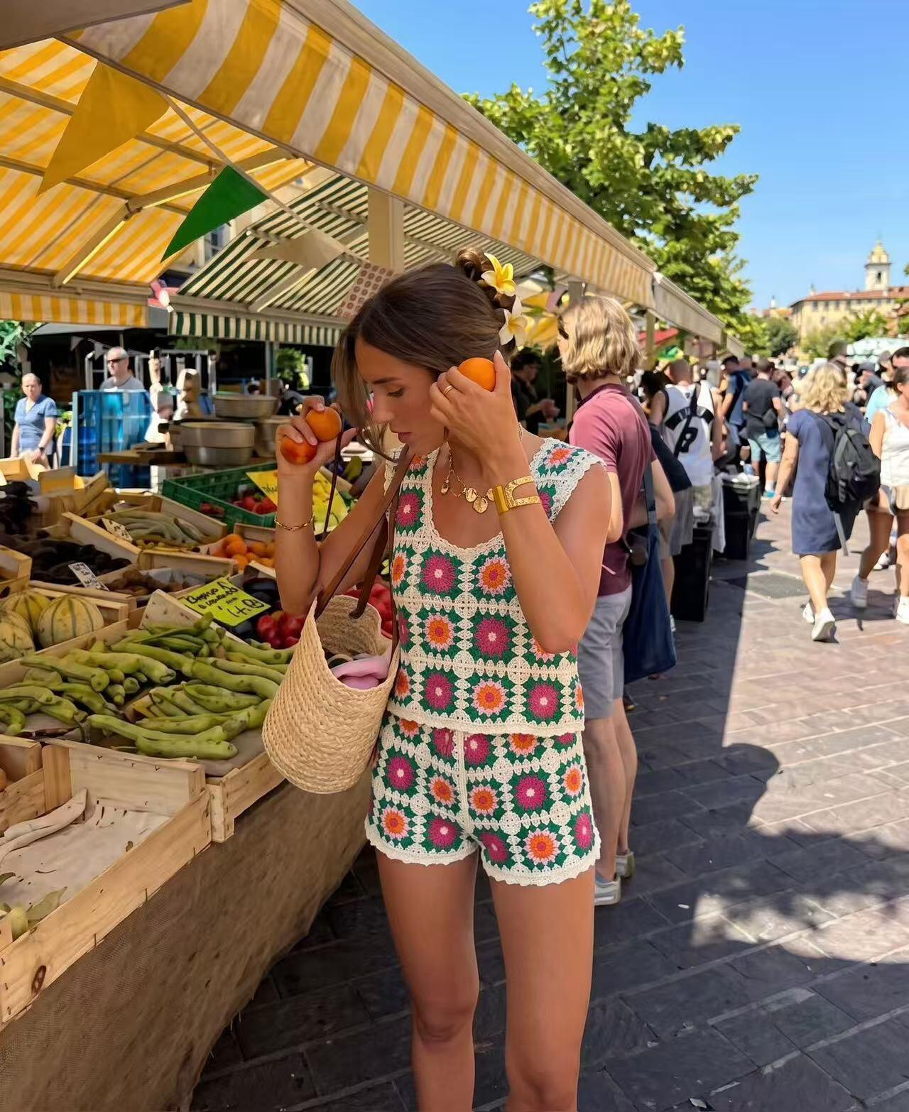 Großhändler JOYNA - KARIERTE HÄKELSHORTS