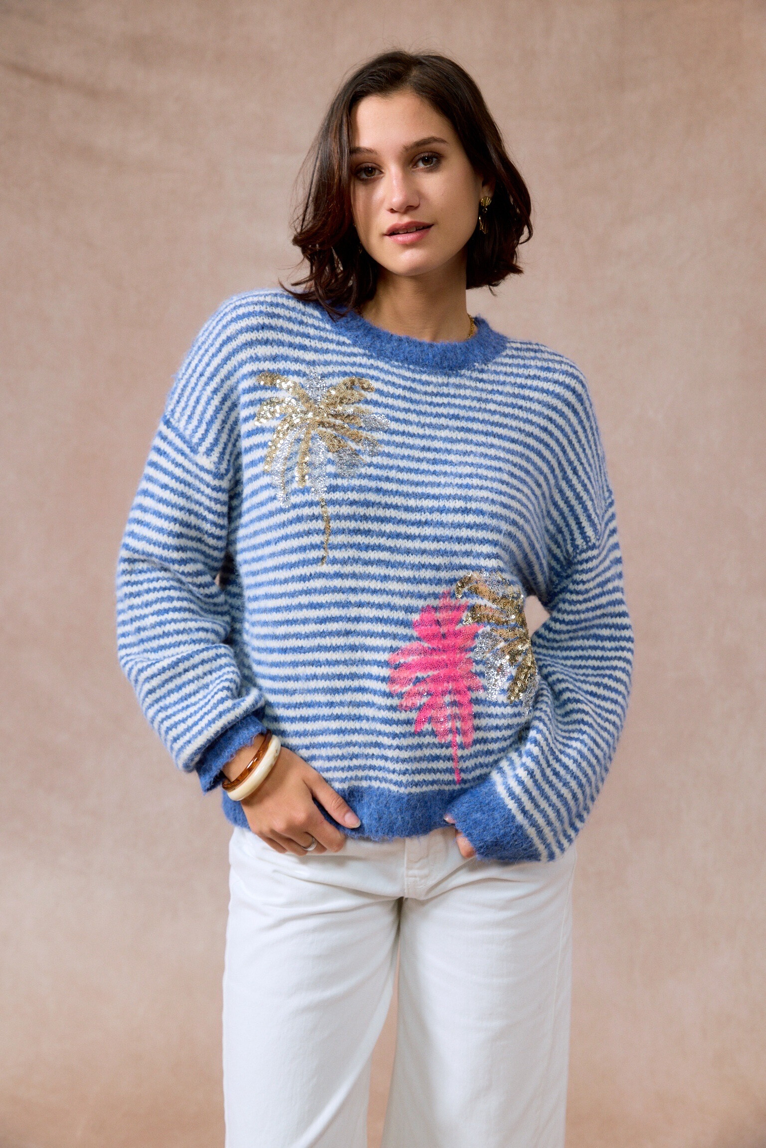 Wholesaler JS Millenium - Marinière sweater with palm trees sequins