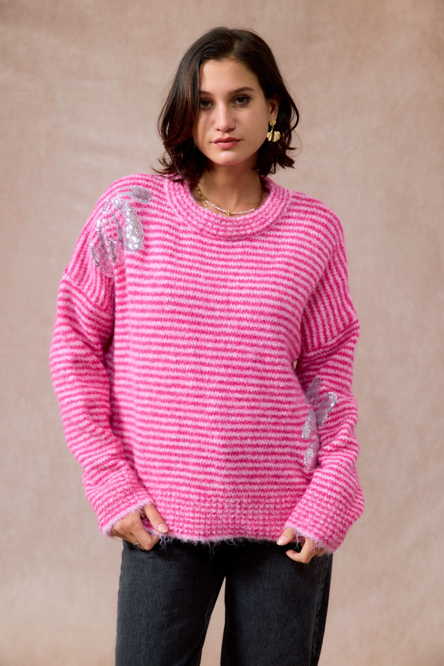 Wholesaler JS Millenium - Marinière Pull with Sequins Flowers