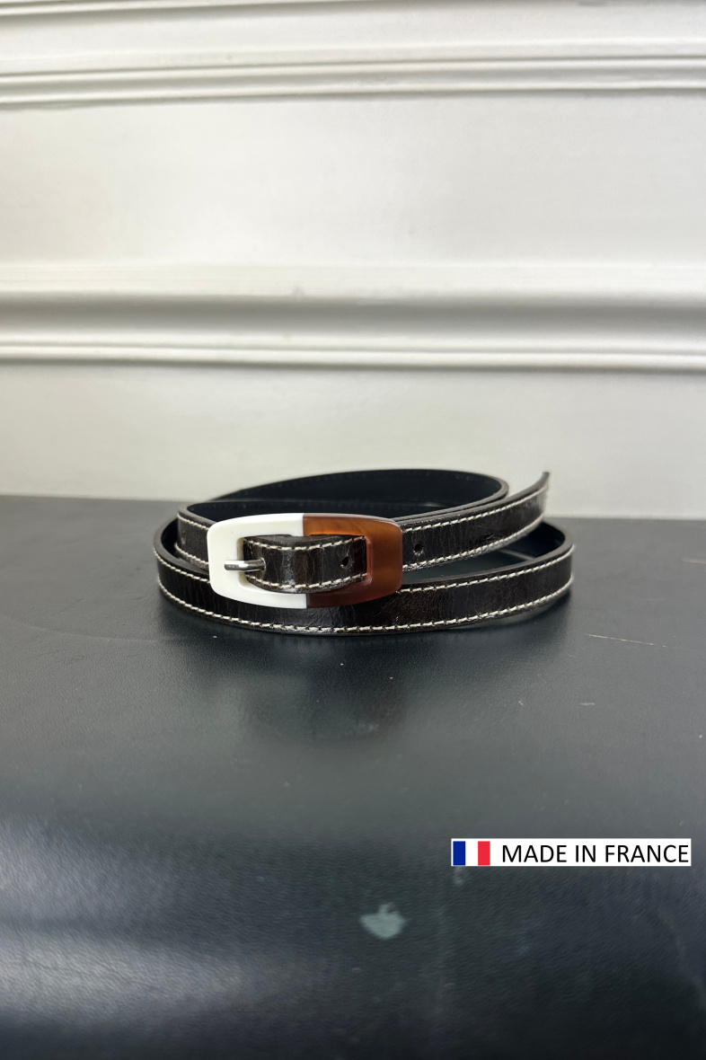 Grossiste JULIA PARIS - Ceinture fine en cuir de vachette 15mm - boucle en résine - made in France