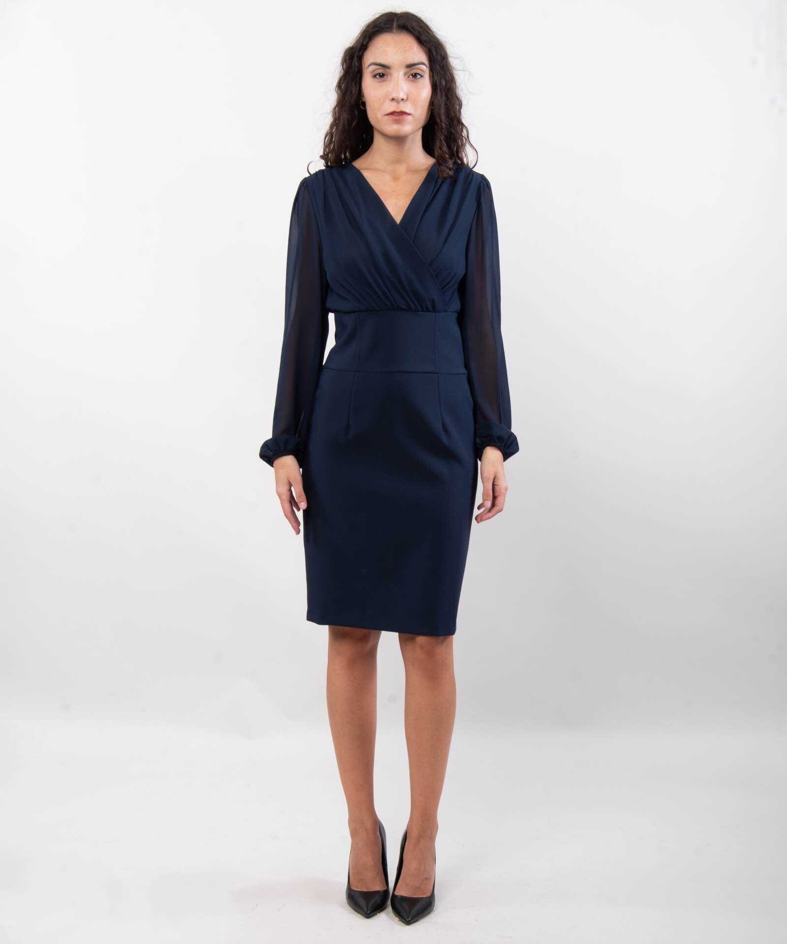 Wholesaler JULIA - Elegant Long-Sleeve Faux-Wrap Cocktail Dress in Midnight Navy