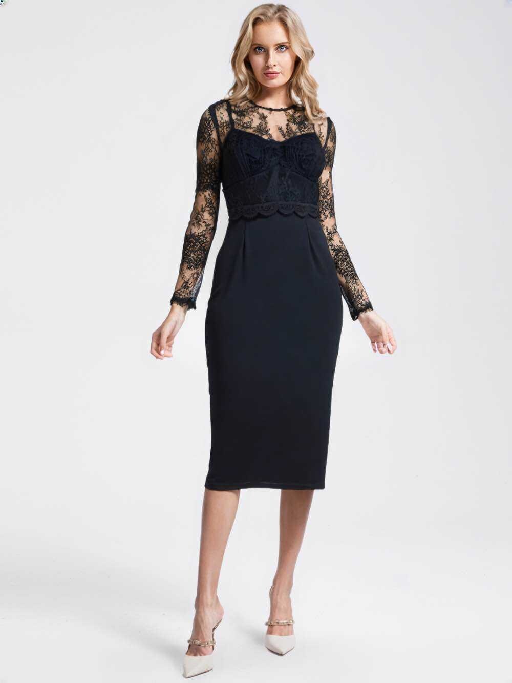 Wholesaler JULIA - Sophisticated Black Bodycon Midi Dress