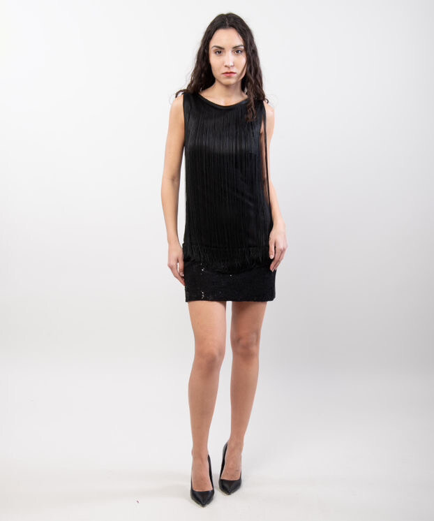 Grossista JULIA - Abito a tubino con frange e paillettes glamour retrò in nero onice