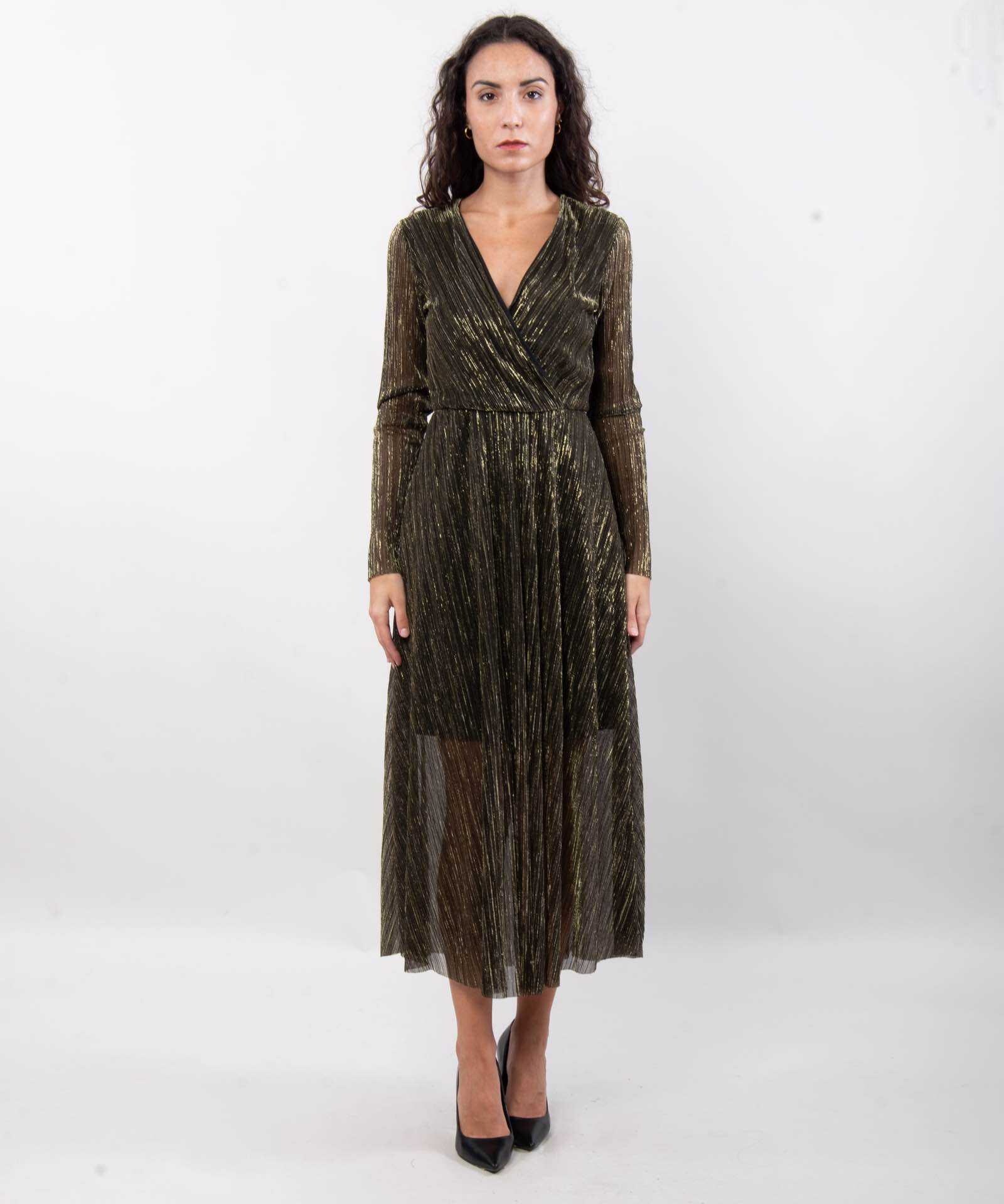Wholesaler JULIA - Liquid Gold Plissé Faux-Wrap Maxi Dress with Sheer Illusion Hem