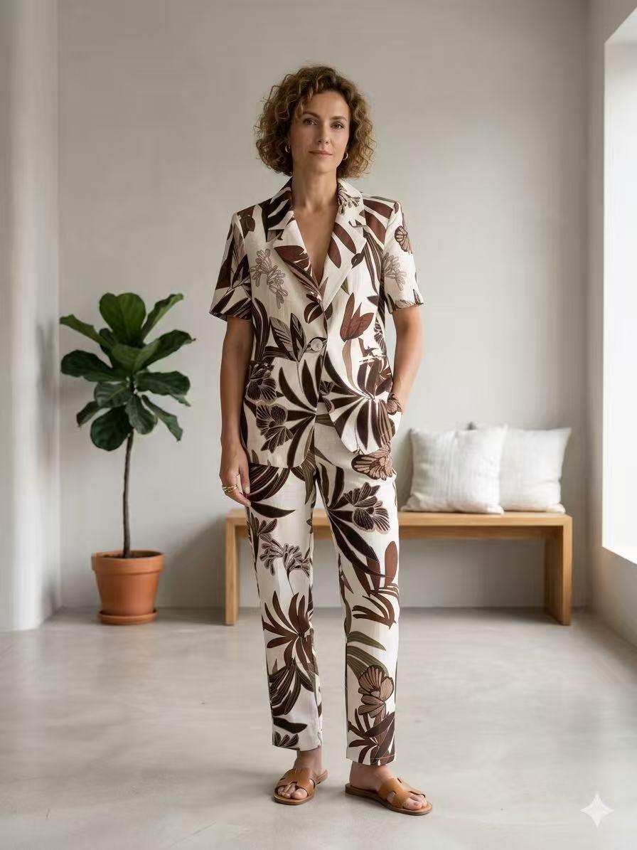 Wholesaler JULIA - Tropical Leaf Print Short Sleeve Blazer & Wide Leg Pants Set