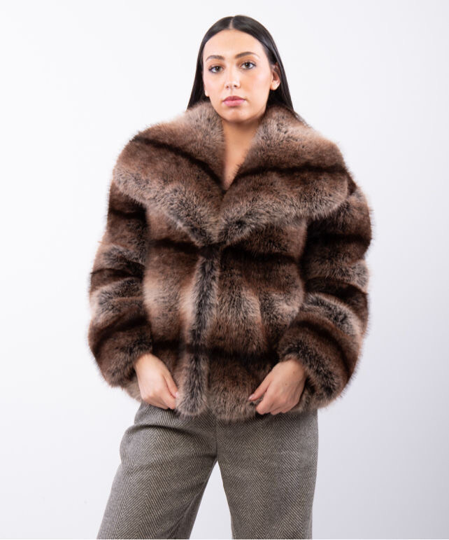 Wholesaler JULIA - Luxury Multi-Tonal Brown Faux Fur Bomber Jacket with Oversized Shawl Collar