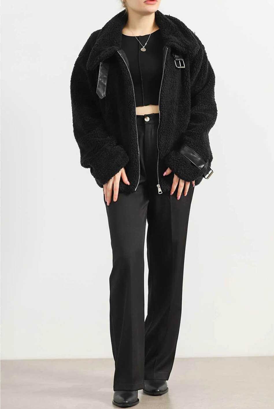 Wholesaler JULIA - Aspen Oversized Teddy Aviator Jacket with Leather Trim