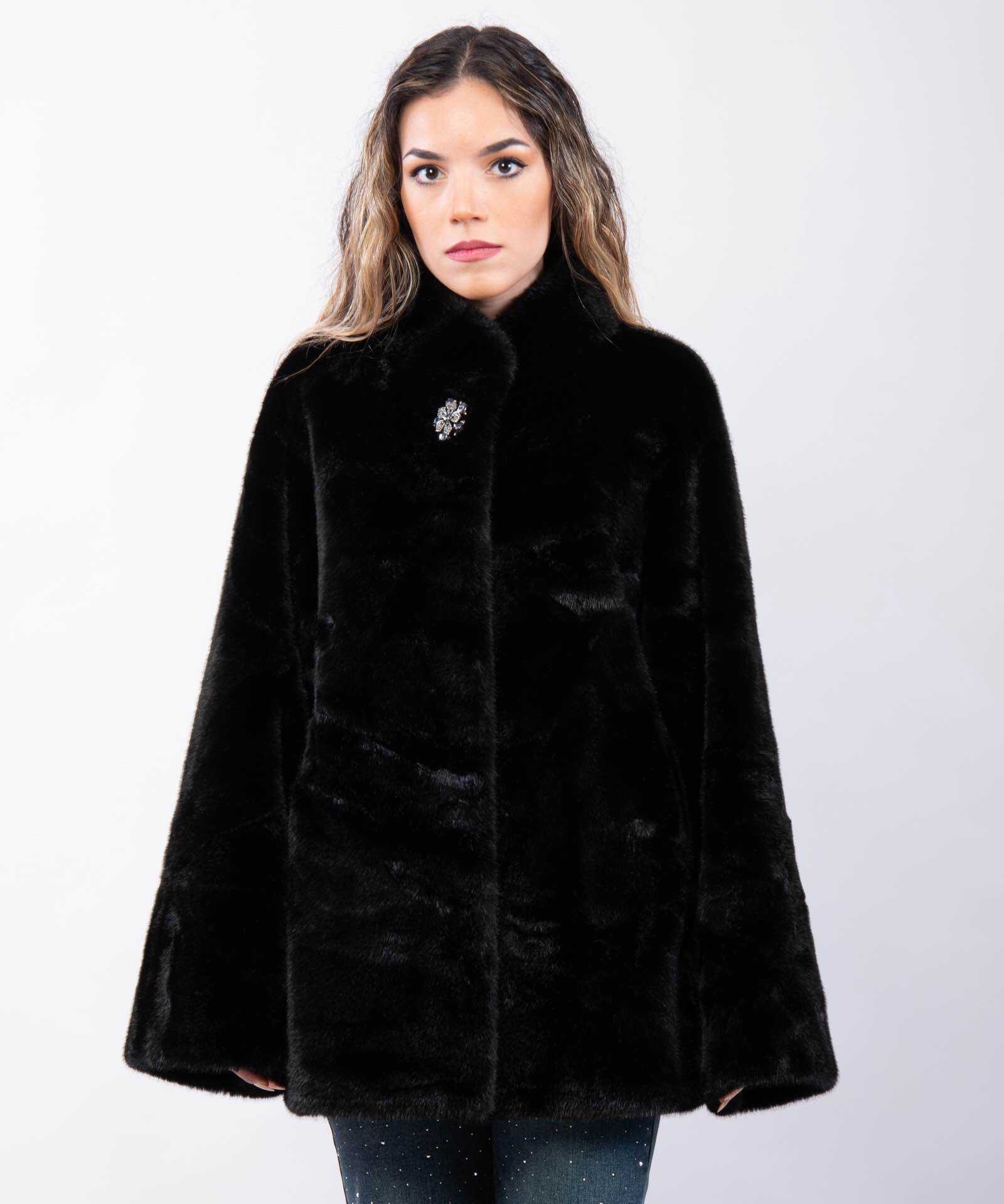 Wholesaler JULIA - Classic Faux Fur Mink Effect Jacket with Jewel Brooch