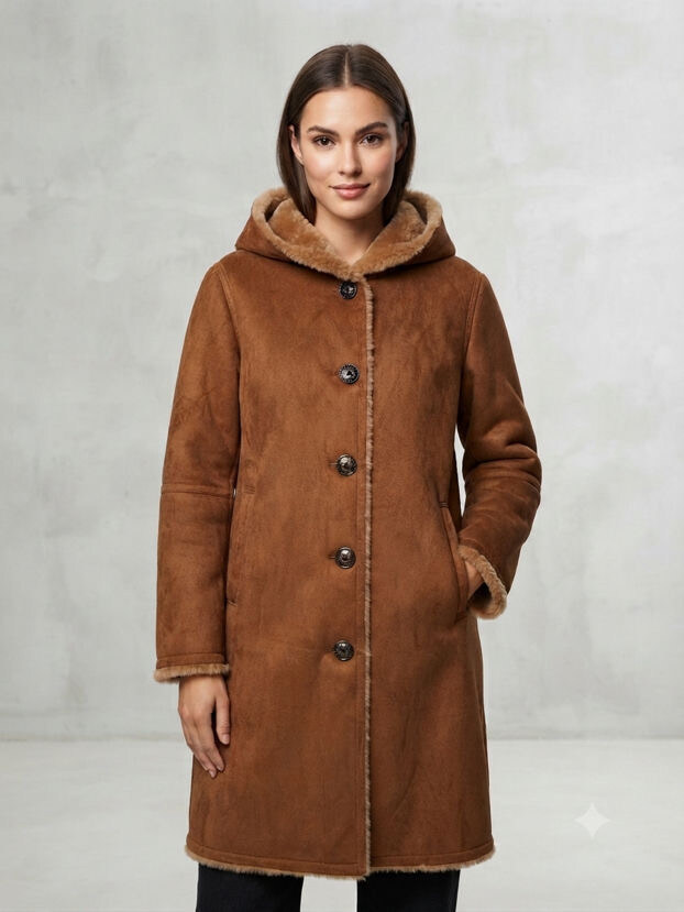 Grossista JULIA - Cappotto Classico in Montone Marrone con Cappuccio e Bordo in Pelliccia a Contrasto