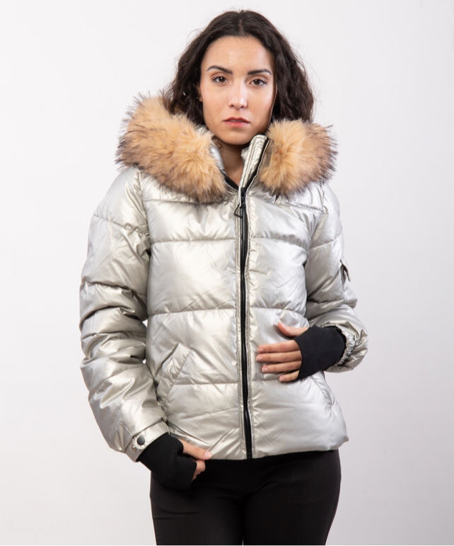 Wholesaler JULIA - Stardust Metallic Silver Puffer Jacket with Faux Fur Hood