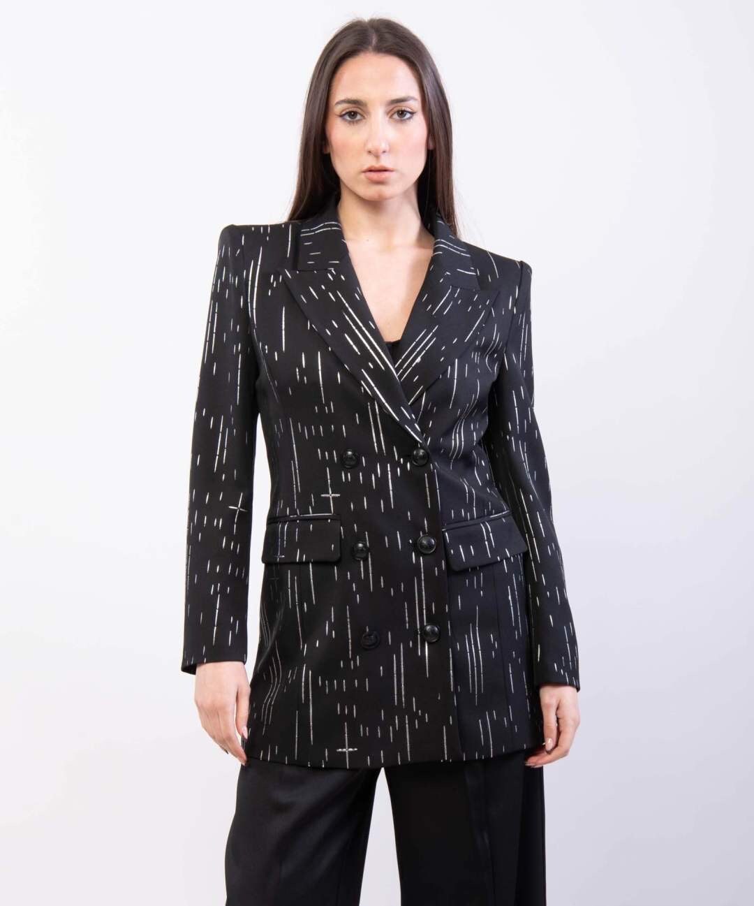 Wholesaler JULIA - Long Double-Breasted Blazer with Silver Lamé Pinstripe
