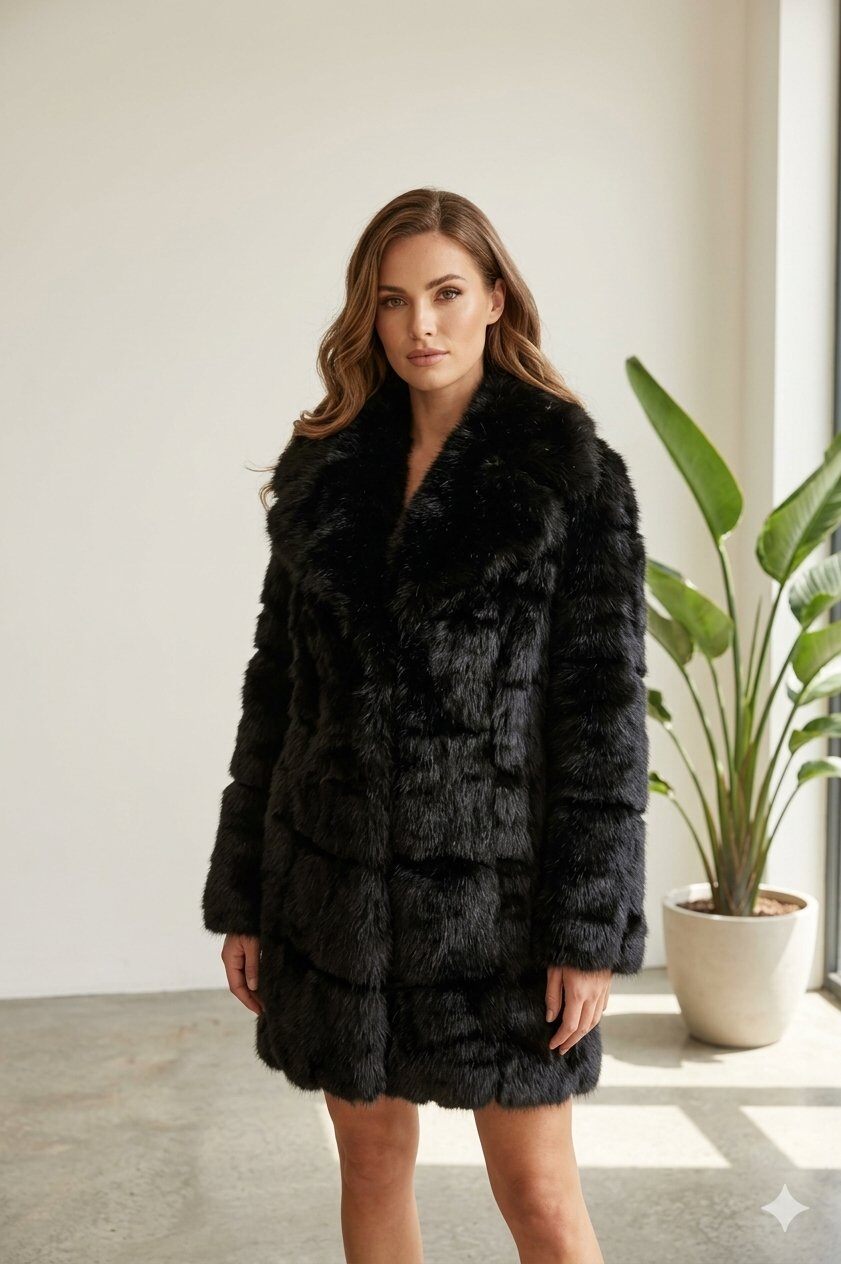 Wholesaler JULIA - Short Faux Fur Jacket with Maxi Lapels and Band Detailing