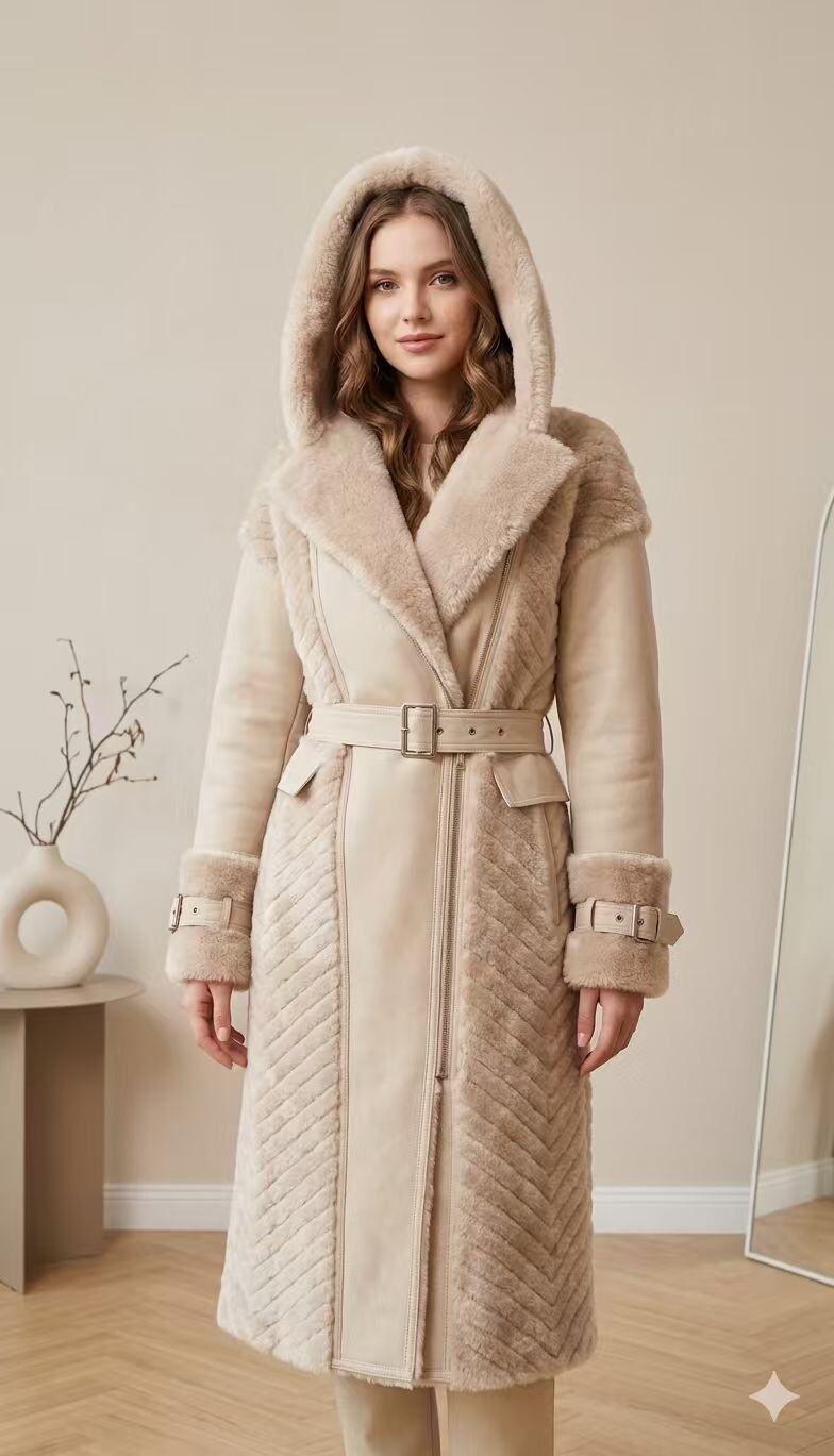 Wholesaler JULIA - Oatmeal Suede & Plush Faux Fur Belted Long Coat
