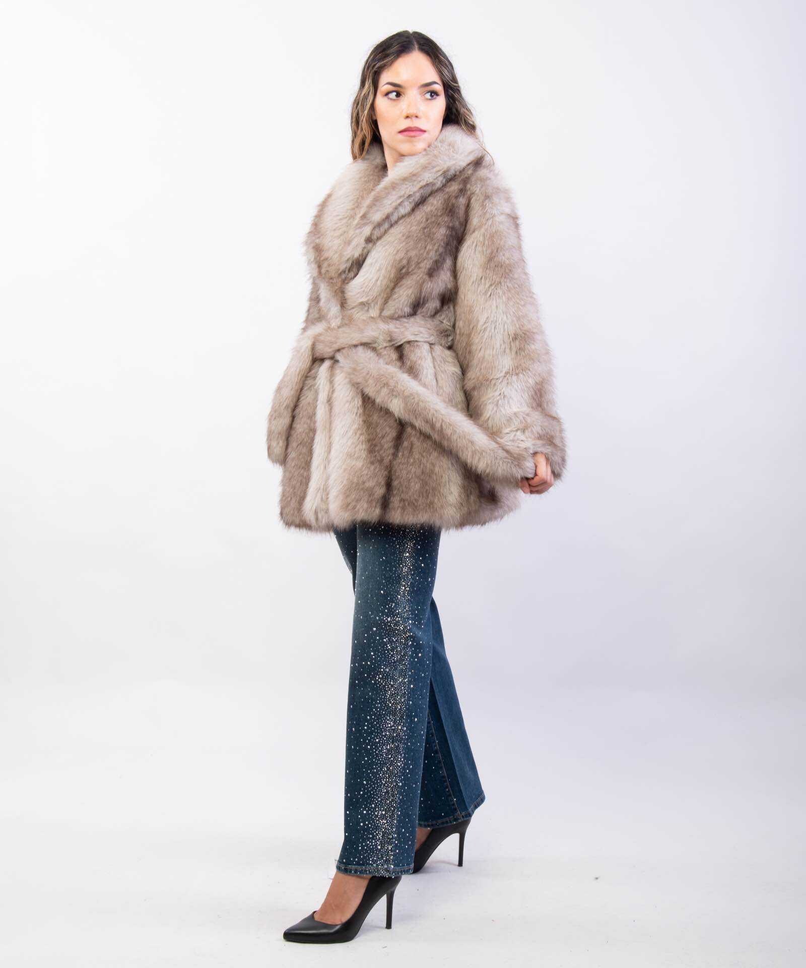 Wholesaler JULIA - Luxury Snowy Frost Faux Fur Wrap Coat with Matching Tie Belt