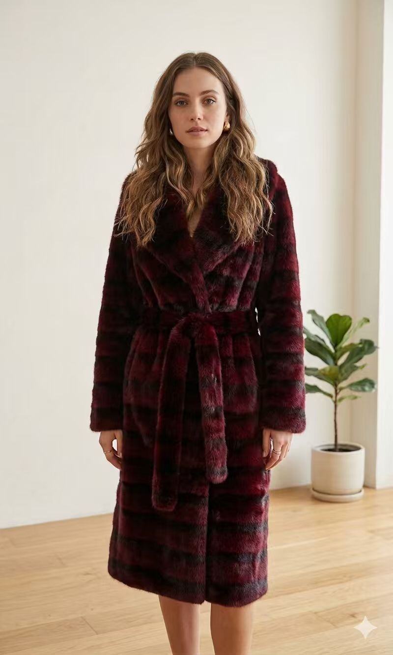 Wholesaler JULIA - Luxury Striped Faux Fur Long Coat with Shawl Collar and Waist Belt