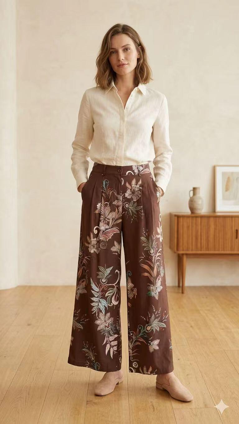 Wholesaler JULIA - Ivory Floral Print Wide-Leg Trousers