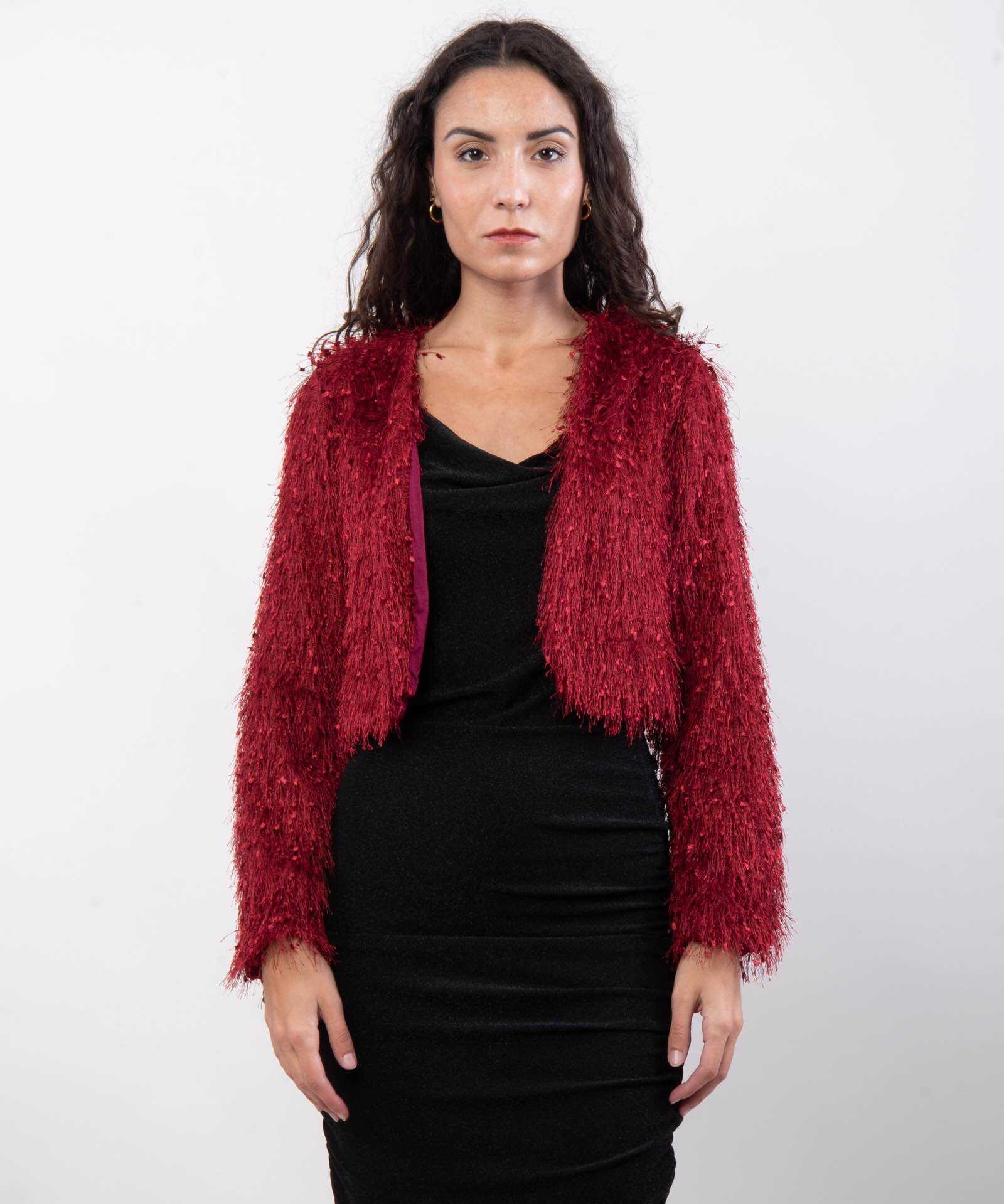 Wholesaler JULIA - Crimson Tinsel Fringe Shag Crop Bolero Jacket