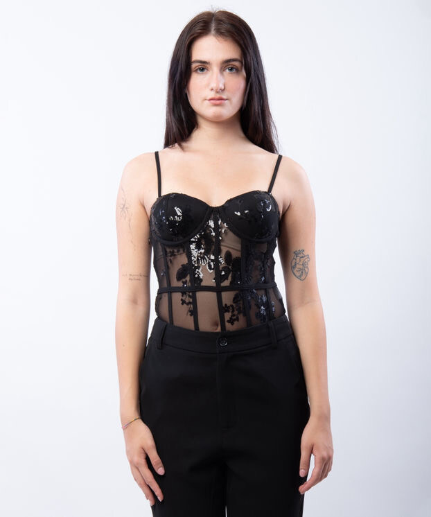 Wholesaler JULIA - Glamour Sequin-Embellished Sheer Mesh Corset Bodysuit in Burgundy