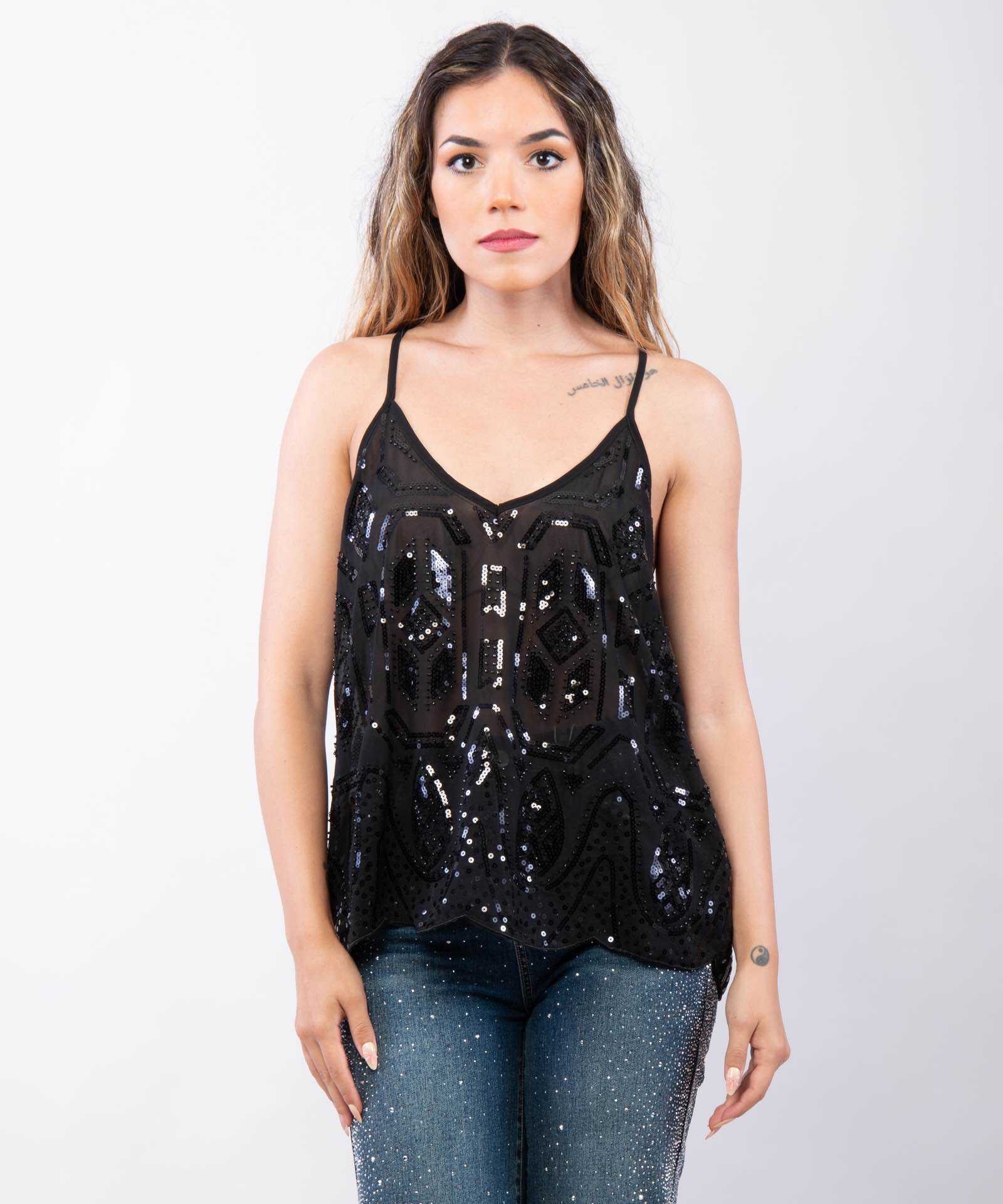 Wholesaler JULIA - Sparkling Geometric Sequin Chiffon Camisole Top in Jet Black