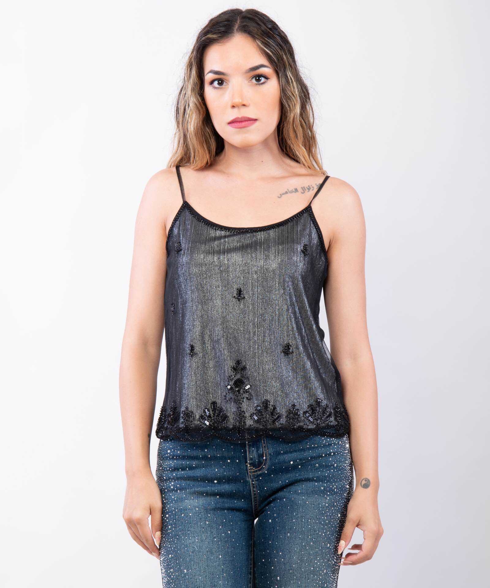 Wholesaler JULIA - Shimmering Metallic Camisole Top with Beaded Scalloped Hem